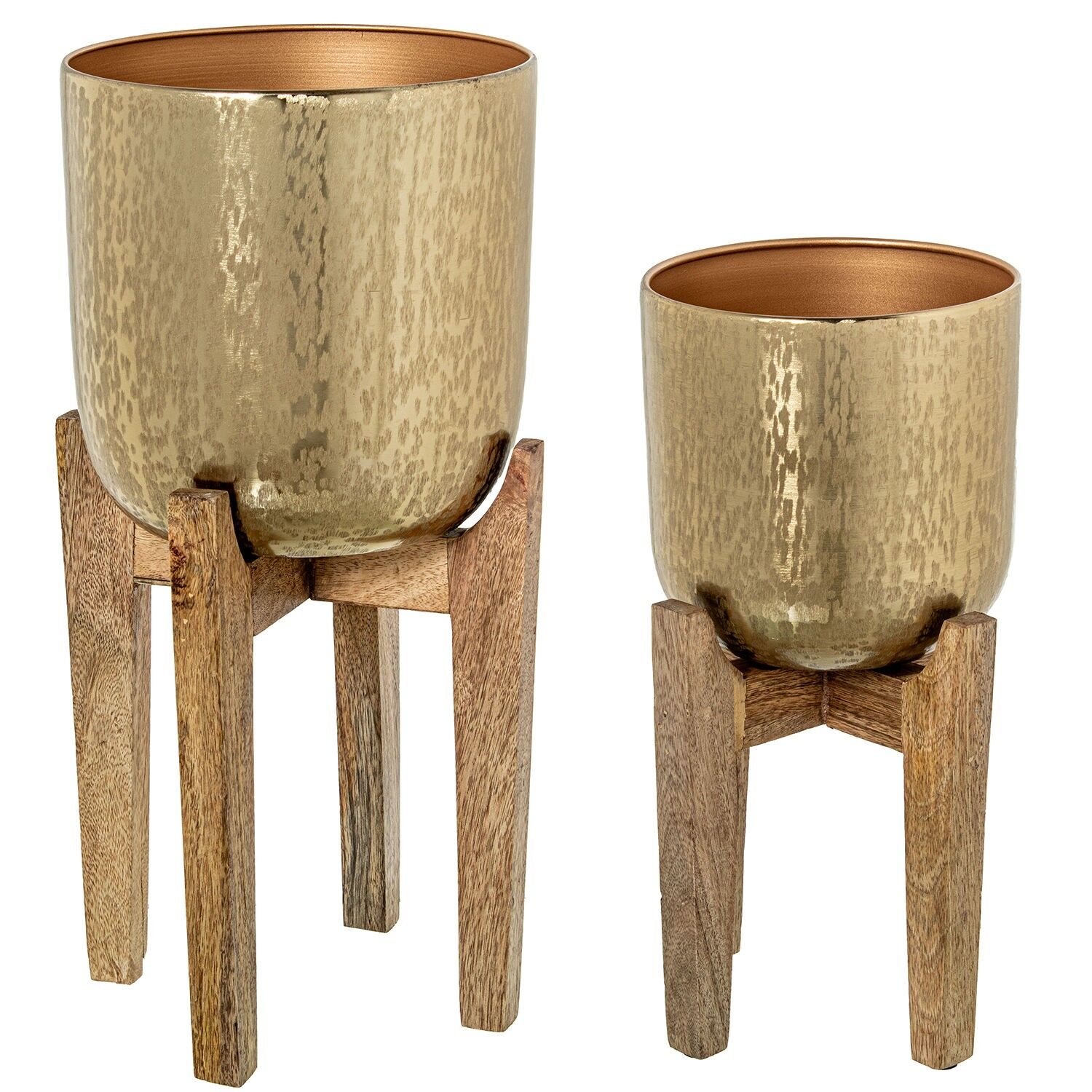 Set aus 2 goldenen Metall-Pflanzgefäßen mit Holzbeinen, 28 x 51 cm, 25 x 38 cm ST62398
