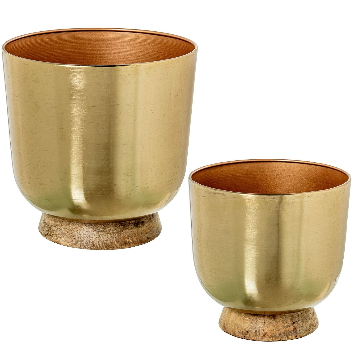 Set aus 2 goldenen Metall-Pflanzgefäßen mit Holzsockel, 30x30x30 cm, 25x25x25 cm ST62496