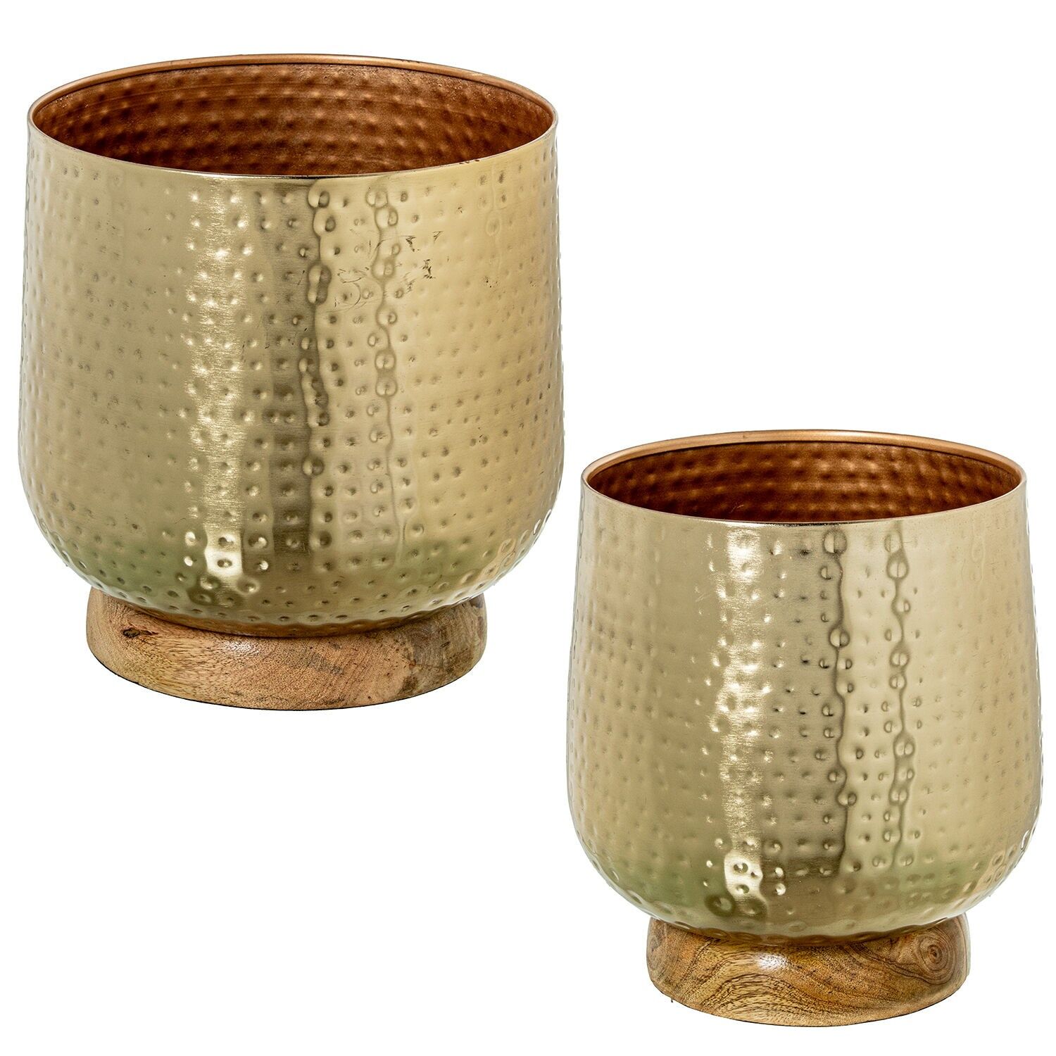 Set aus 2 goldenen Metall-Pflanzgefäßen mit Holzsockel, 26 x 28 cm, 23 x 26 cm ST62495