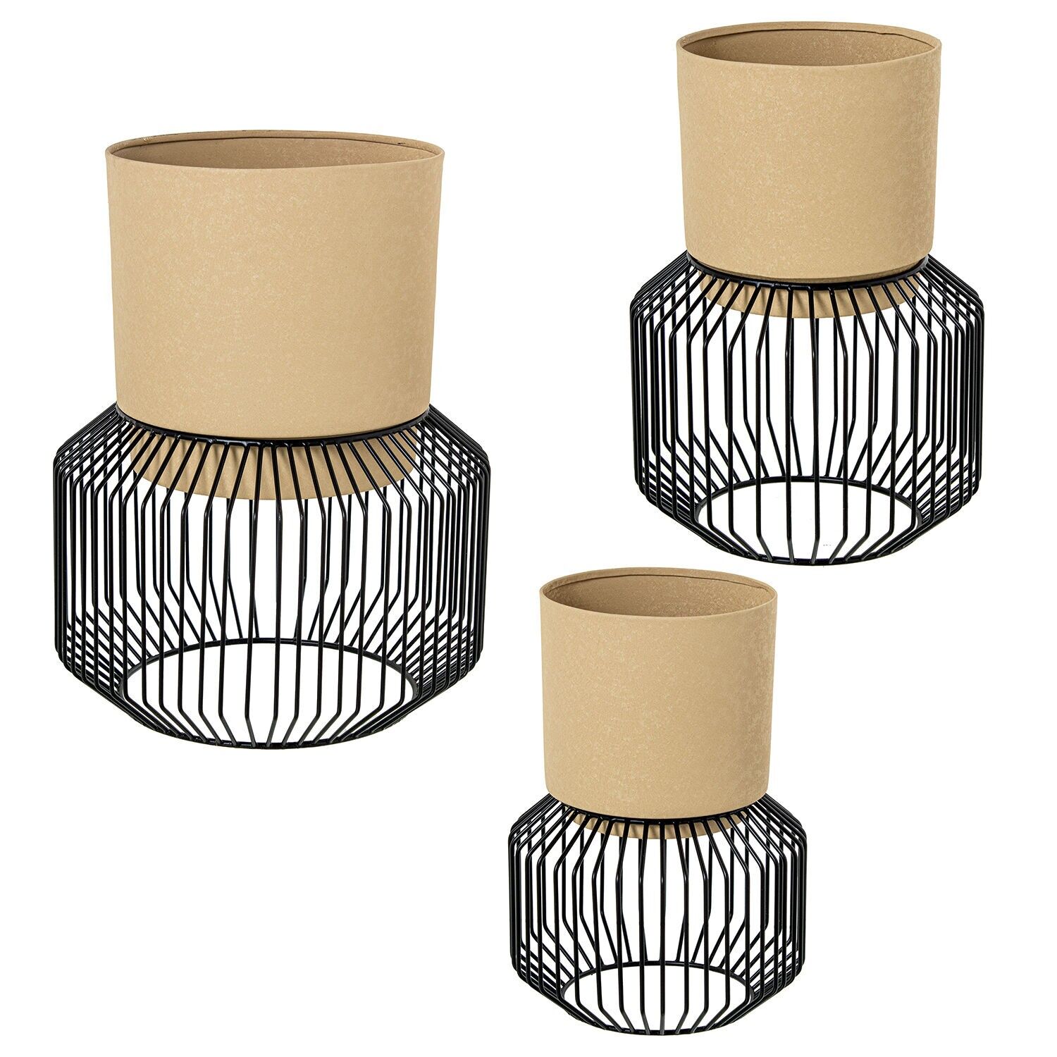 Set aus 3 beigefarbenen Pflanzgefäßen mit schwarzem Metallsockel, 30x40cm, 24x34cm, 22x28cm ST62499