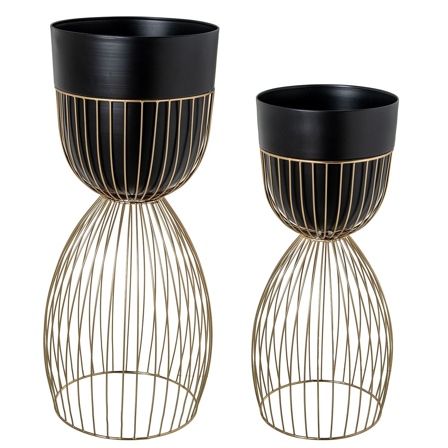 Set aus 2 schwarzen Metallpflanzgefäßen mit goldenem Sockel, 32 x 765 cm, 27 x 63 cm, ST62543