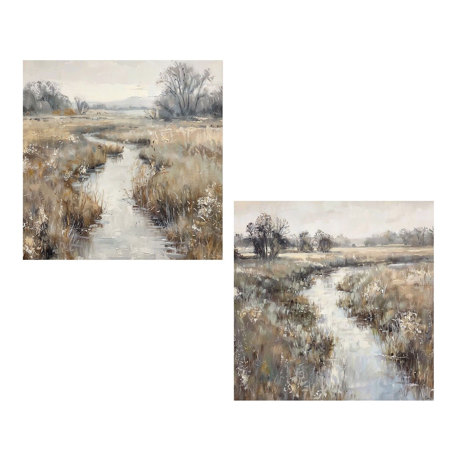 Naturleinwandgemälde 60x60cm Flusslandschaft, 40% handgemalt 60x60x3cm ST69461