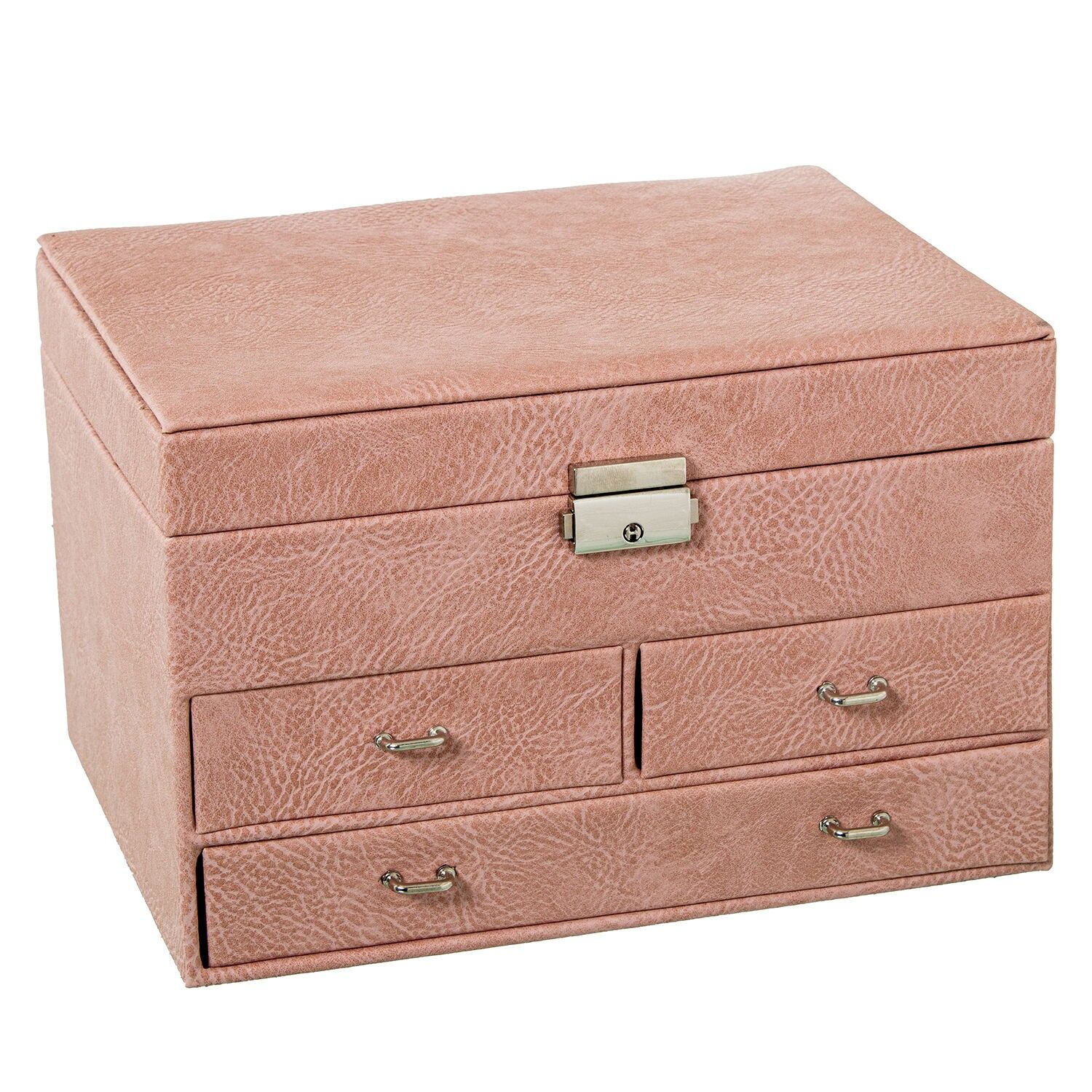 Boîte à bijoux en similicuir rose avec tiroirs et miroir, fermoir, 25 x 19 x 16 cm ST70979