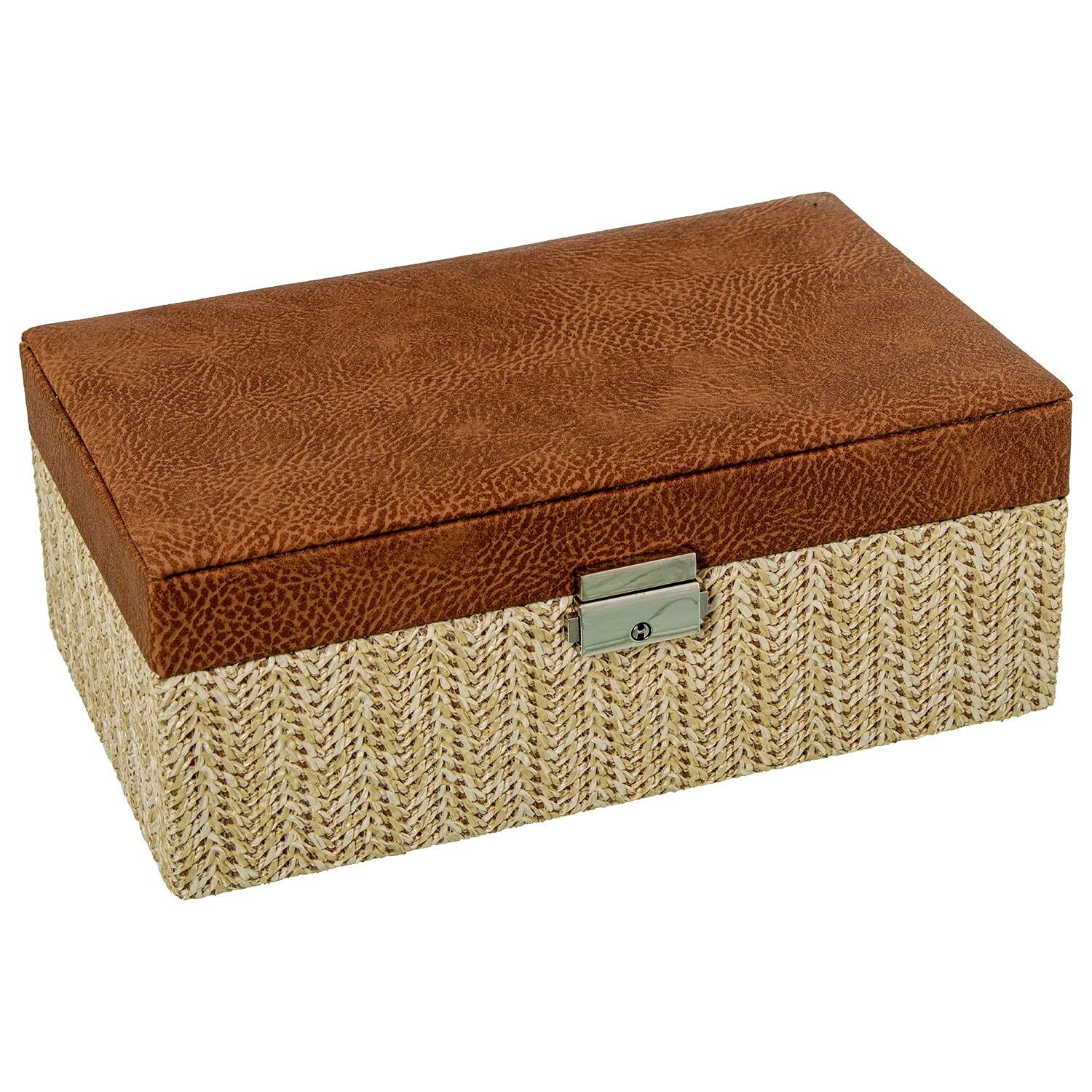 Faux leather and rattan jewelry box with mirror, brown, with clasp, 25x15x95cm ST70985