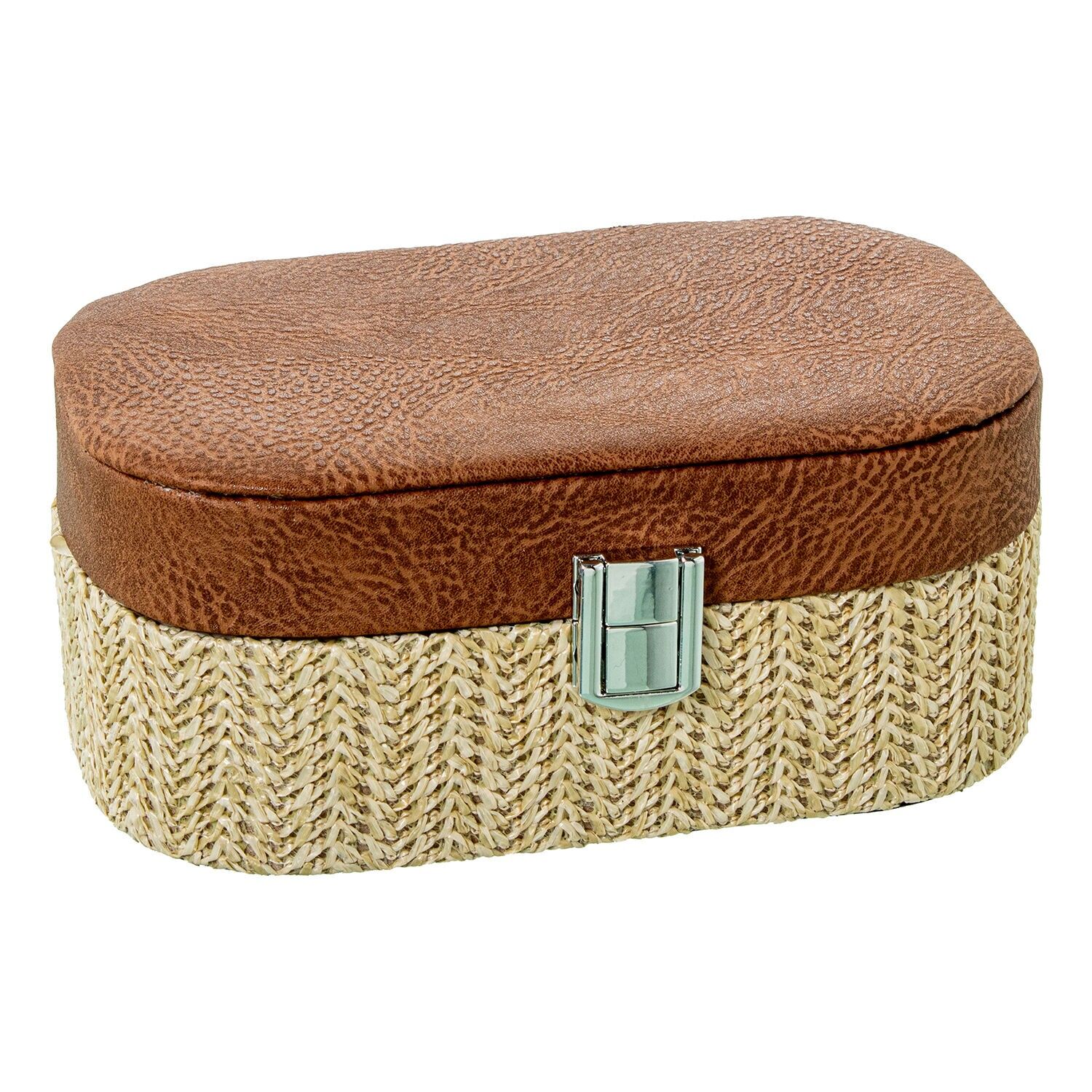 Faux leather jewelry box, brown rattan with clasp 19x12x75cm ST70989