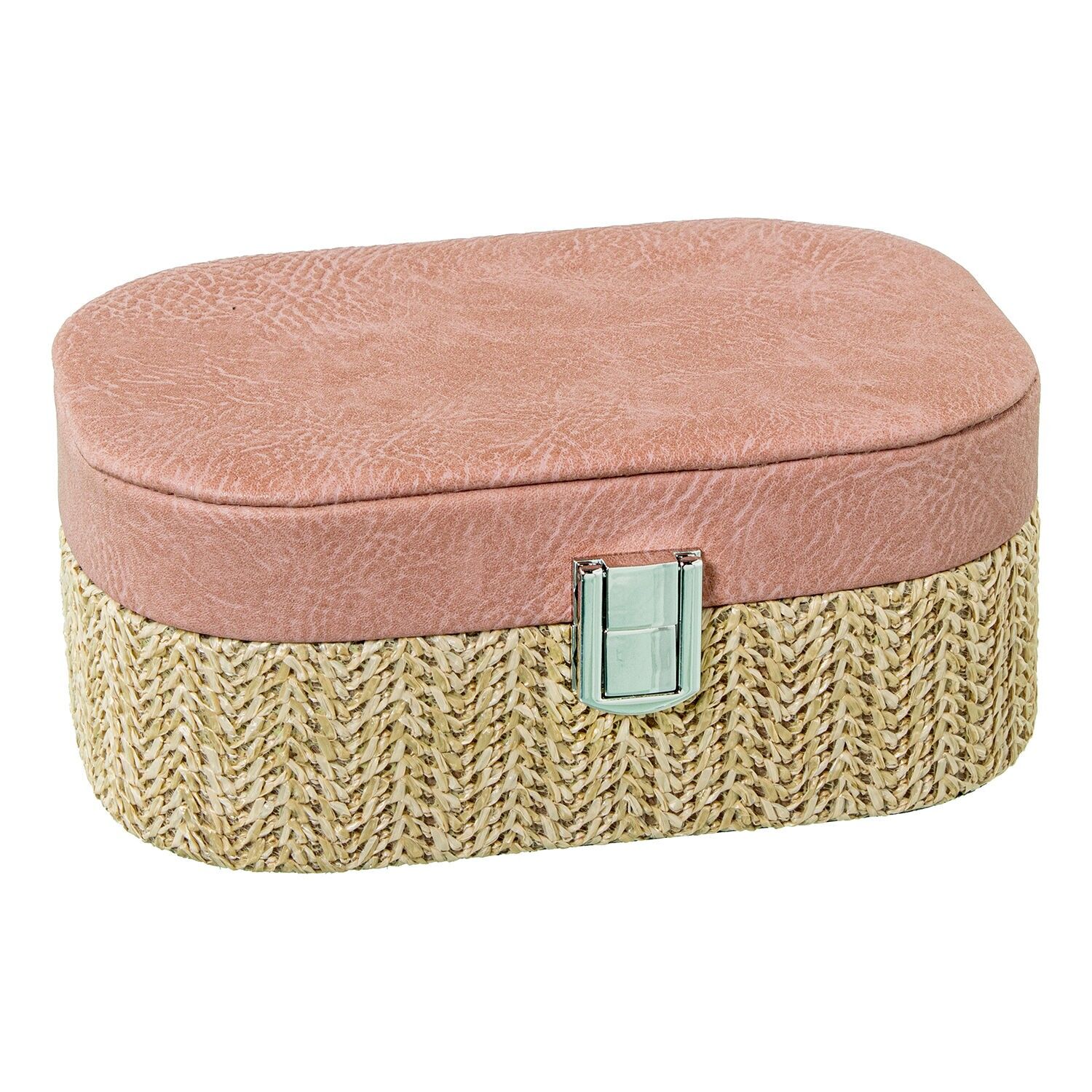 Faux leather and pink rattan jewelry box with clasp, 19x12x75cm ST70990