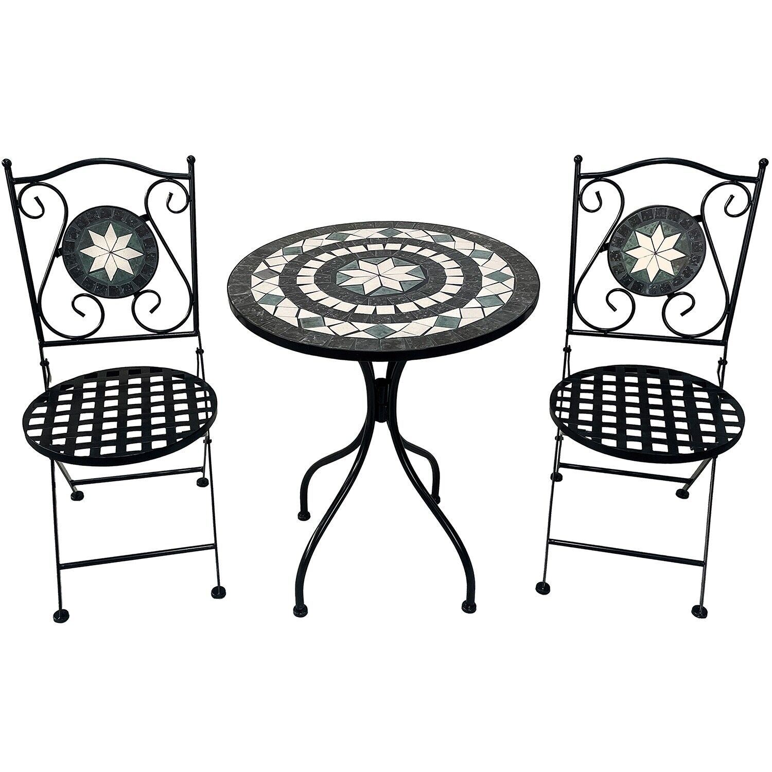 Set of 2 chairs and table, iron, stone decorated. Table: 60x71cm, chair: 36x42x92cm ST71975
