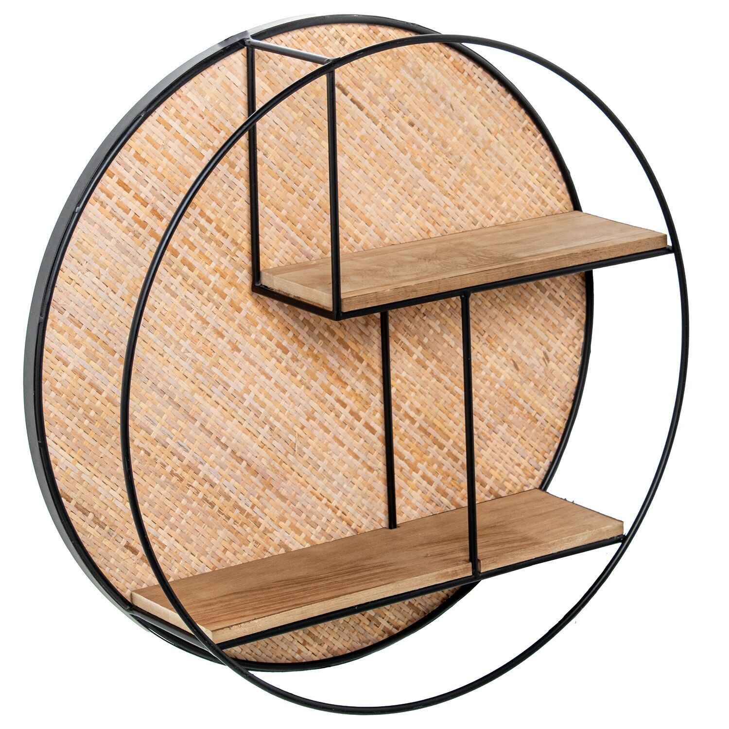 Wall shelf with 2 shelves, wood, metal, and wicker, 50x13x50cm ST71994