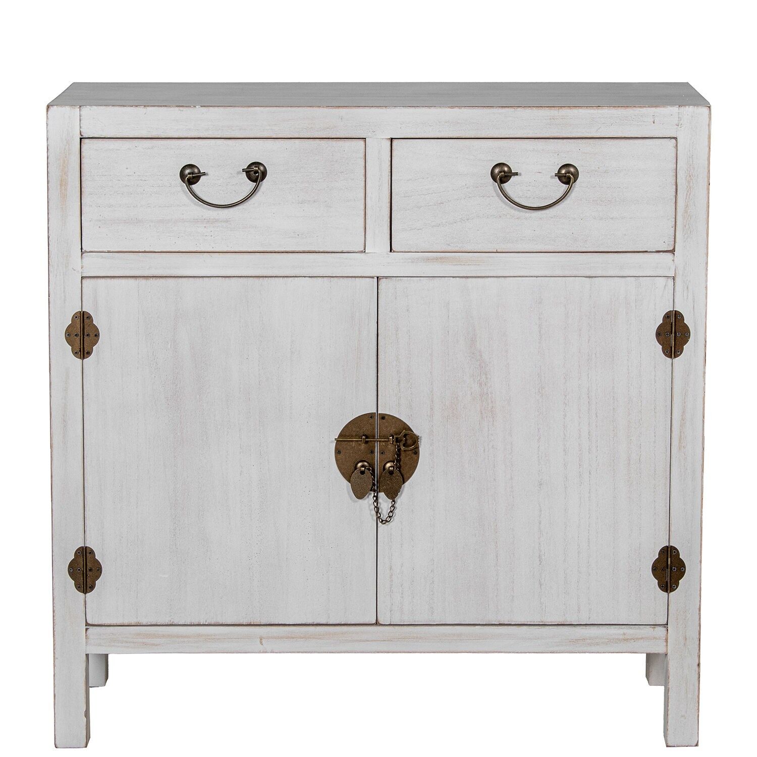 Entrance table with 2 drawers and 2 doors, white distressed wood, 80x30x81cm, MDF and paulownia wood ST72195