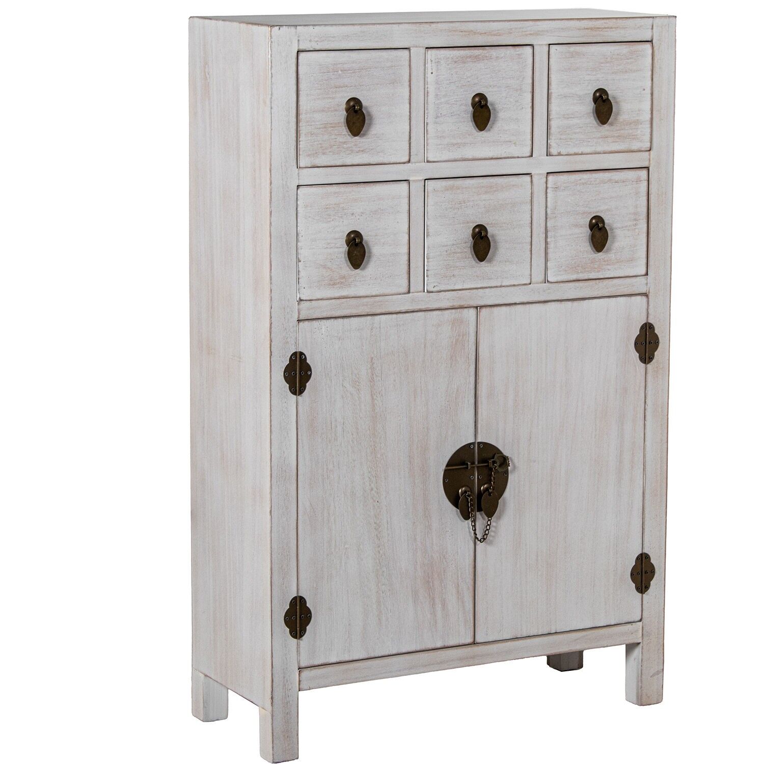 Entrance table with 6 drawers and 2 doors, white distressed wood, 63x26x100cm, MDF and paulownia wood ST72196