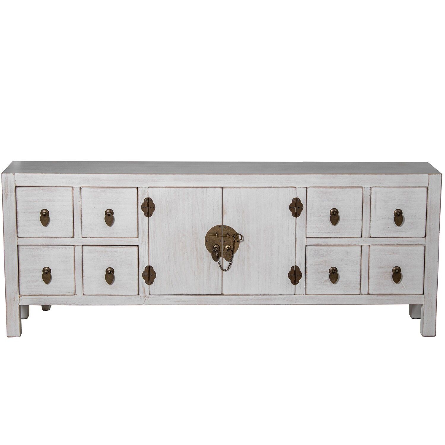 TV stand with 8 drawers and 2 doors, white distressed wood, 130x24x50cm, MDF and paulownia wood ST72197