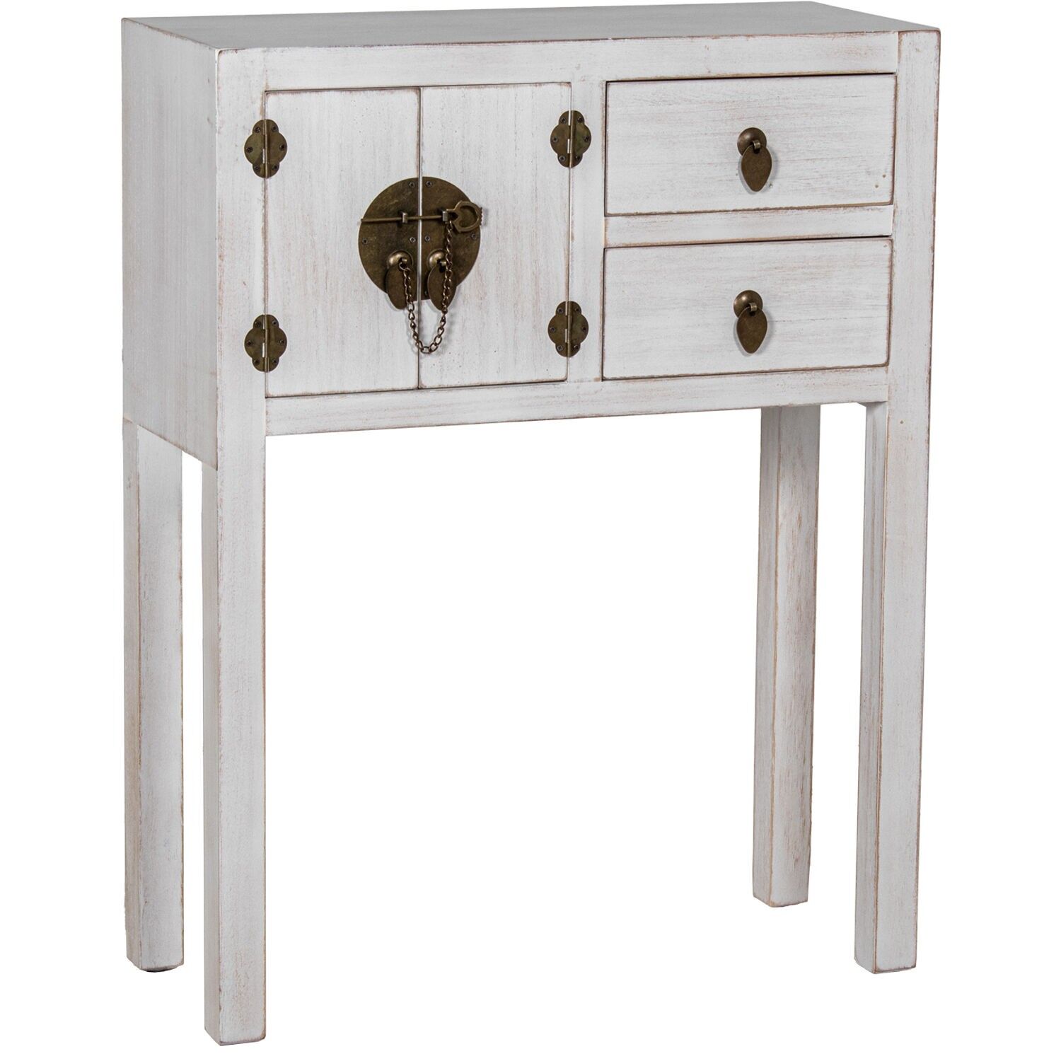 Entrance table with 2 drawers and 2 doors, white distressed wood, 63x26x82cm, MDF and paulownia wood ST72198