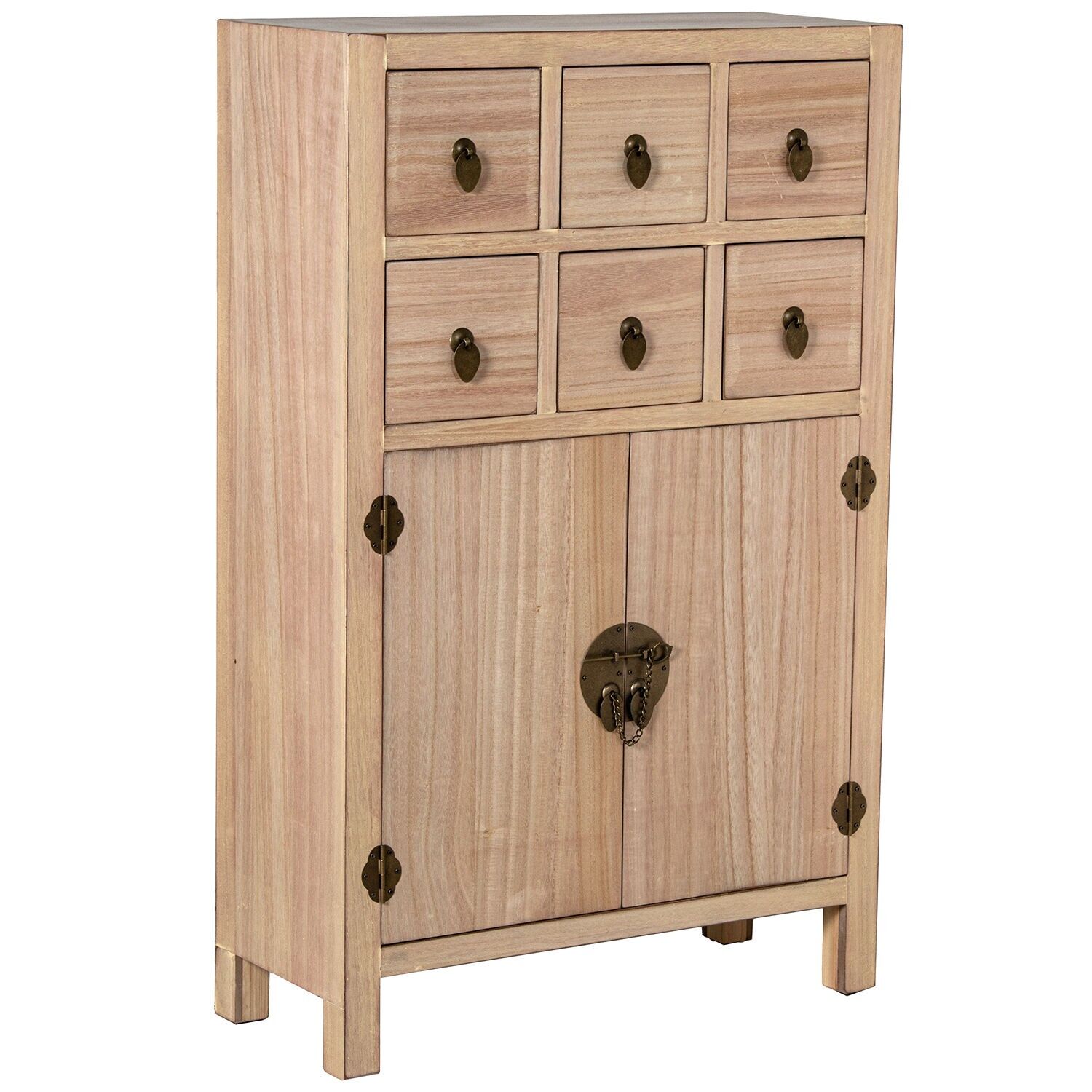 Entrance table with 6 drawers and 2 doors, natural wood, 63x26x100cm, MDF and paulownia ST72200