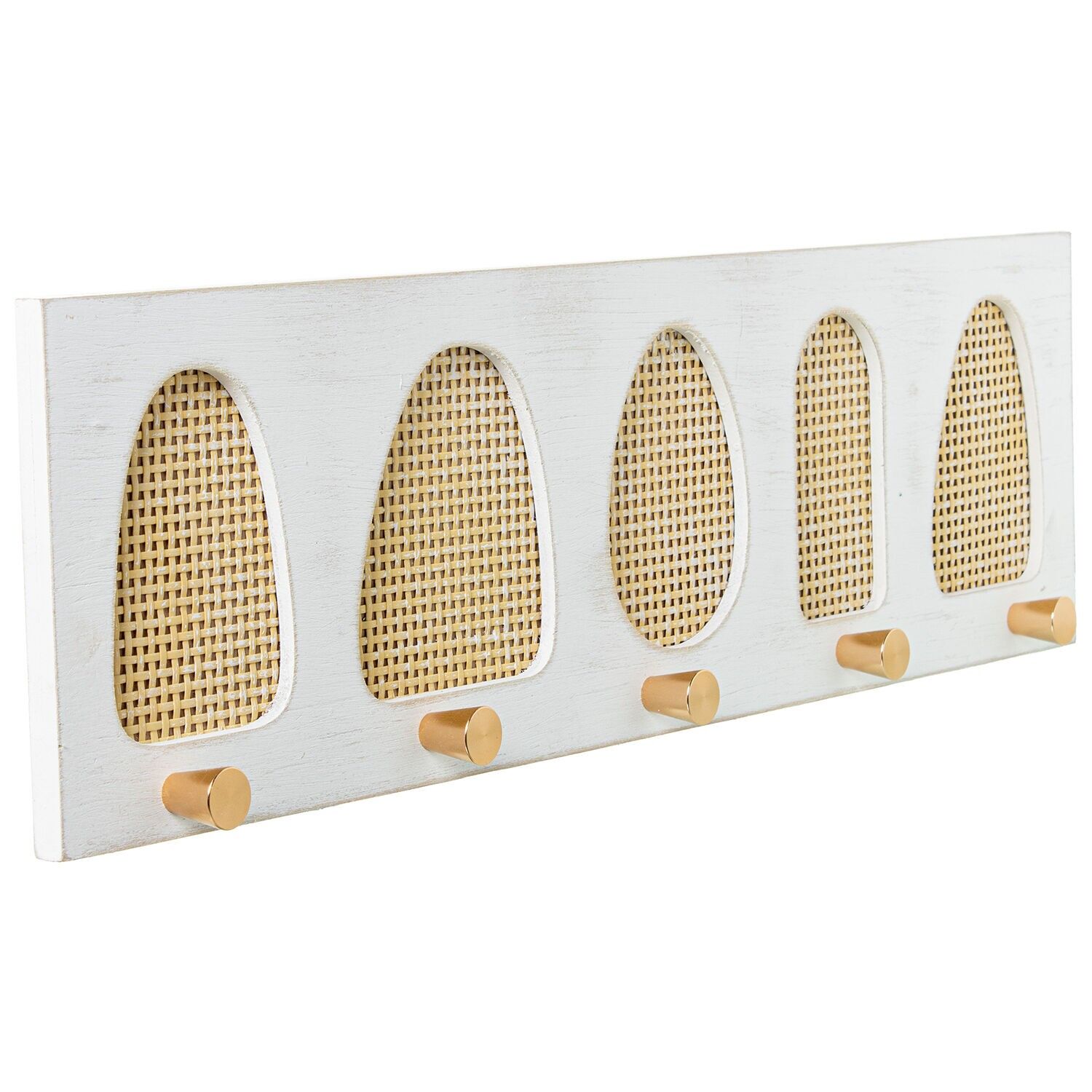 Wooden and rattan wall-mounted coat rack with 5 gold metal hooks, 60x4x17cm ST72334