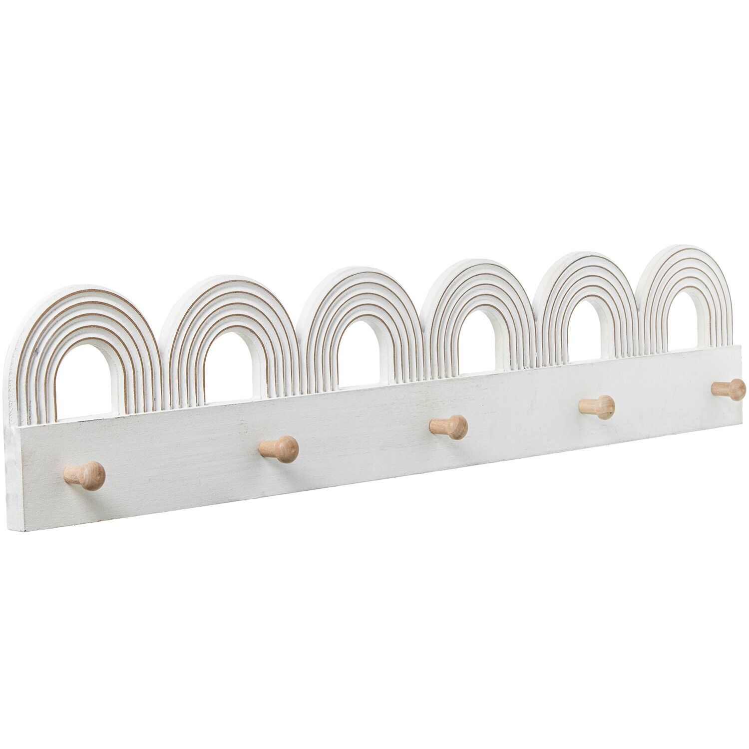 Wooden wall-mounted coat rack with 5 hooks, white, natural arches, 80x4x16cm ST72336