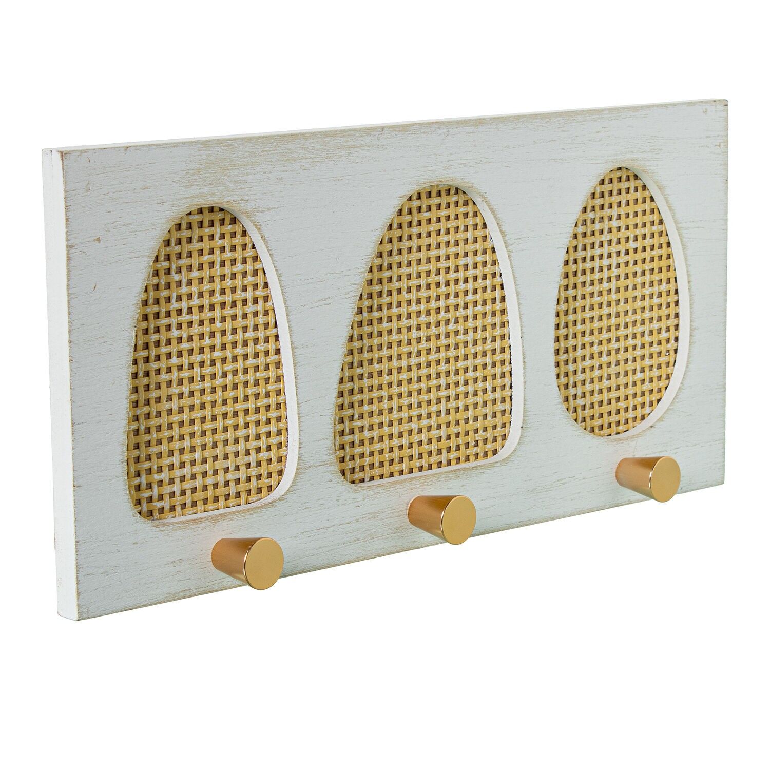 Wooden and rattan wall-mounted coat rack with 3 gold metal hooks, 36x4x17cm ST72335