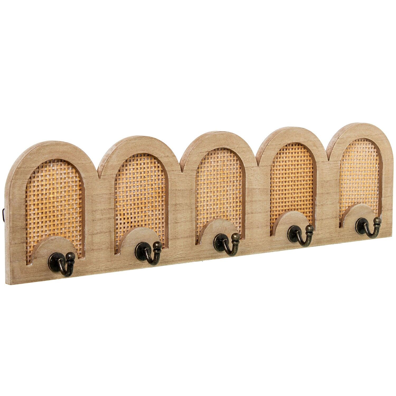 Wooden and rattan wall-mounted coat rack with 5 metal hooks, 60x5x16cm ST72340