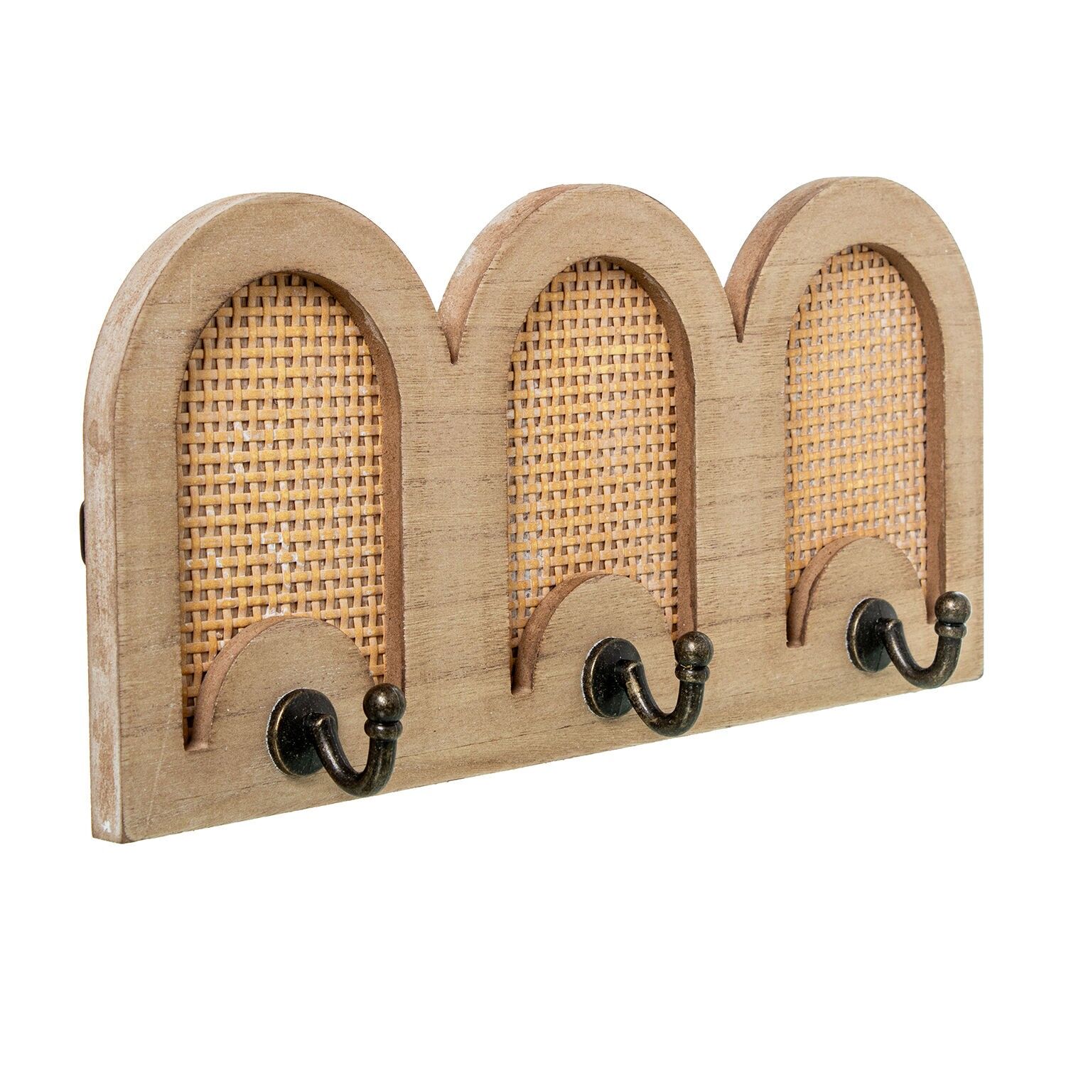 Wooden and rattan wall-mounted coat rack with 3 metal hooks, 36x5x16cm, MDF, rattan and iron ST72341
