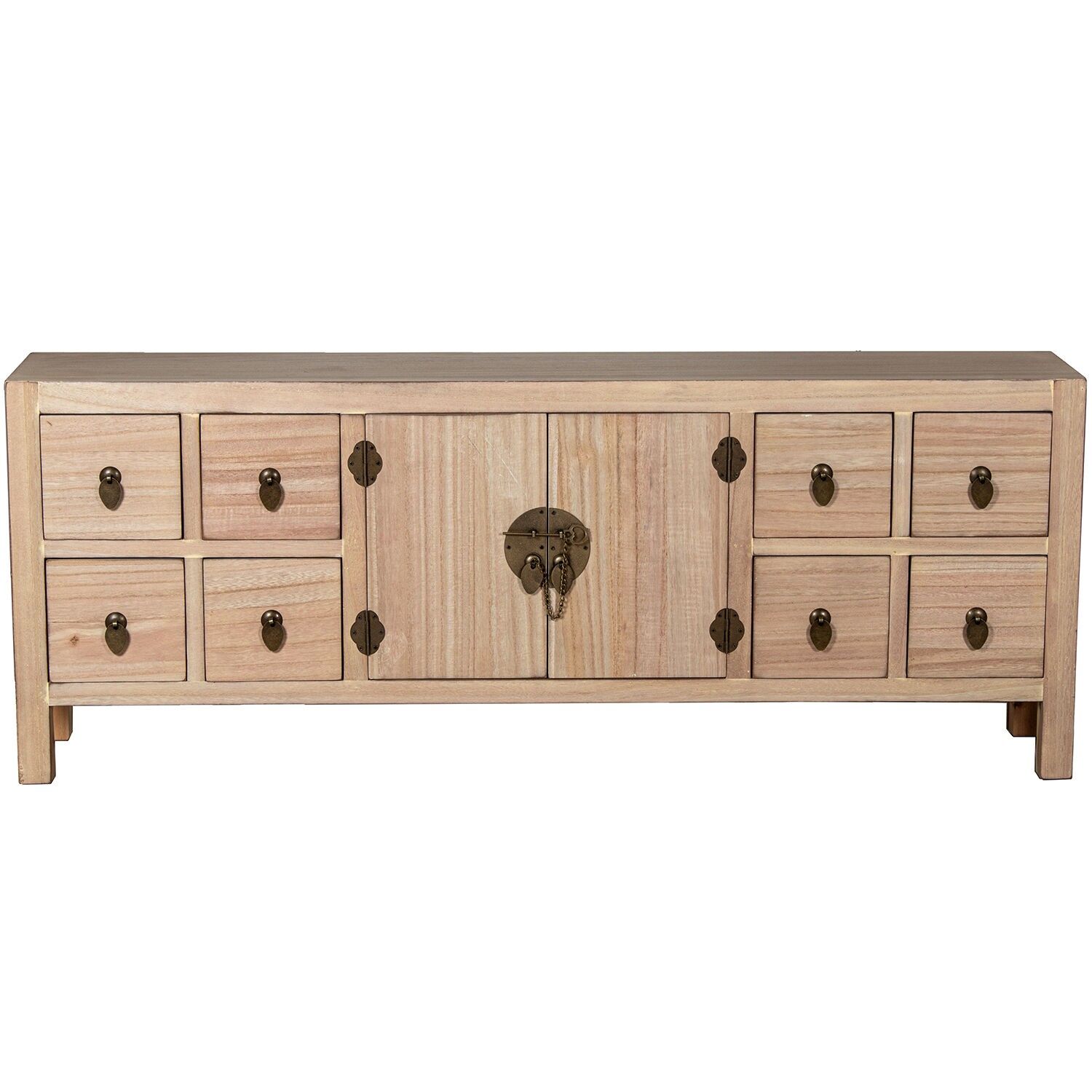 TV stand with 8 drawers and 2 doors, natural wood, 130x24x50cm, MDF and paulownia ST72390