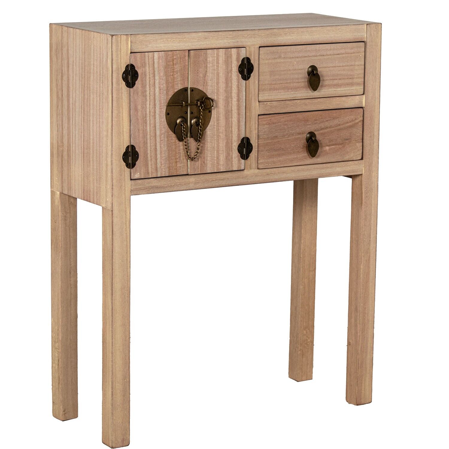 Entrance table with 2 drawers and 2 doors, natural wood, 63x26x82cm, MDF and paulownia ST72391