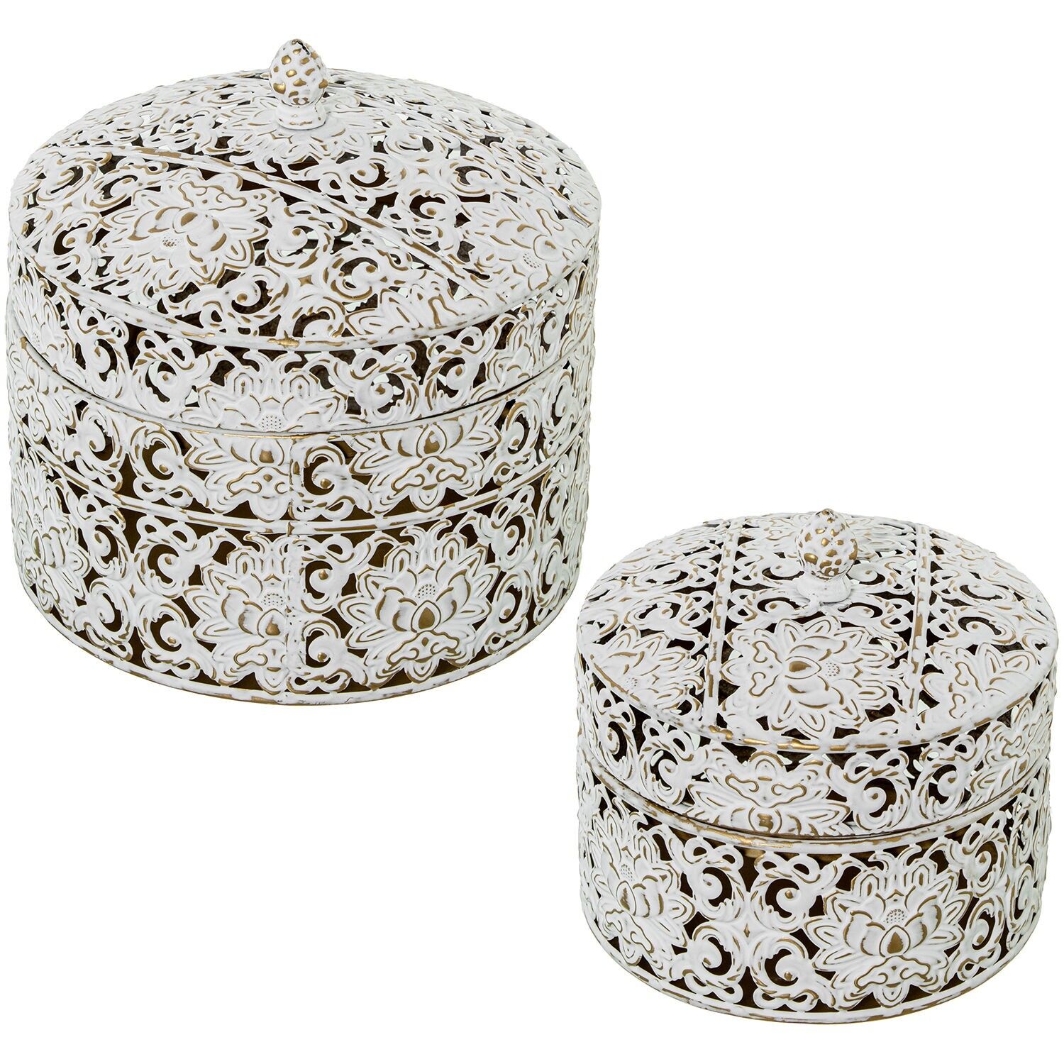 Set of 2 metal boxes with lids, white and gold, 20.5x20.5x19 - 17x17x16 cm ST73071