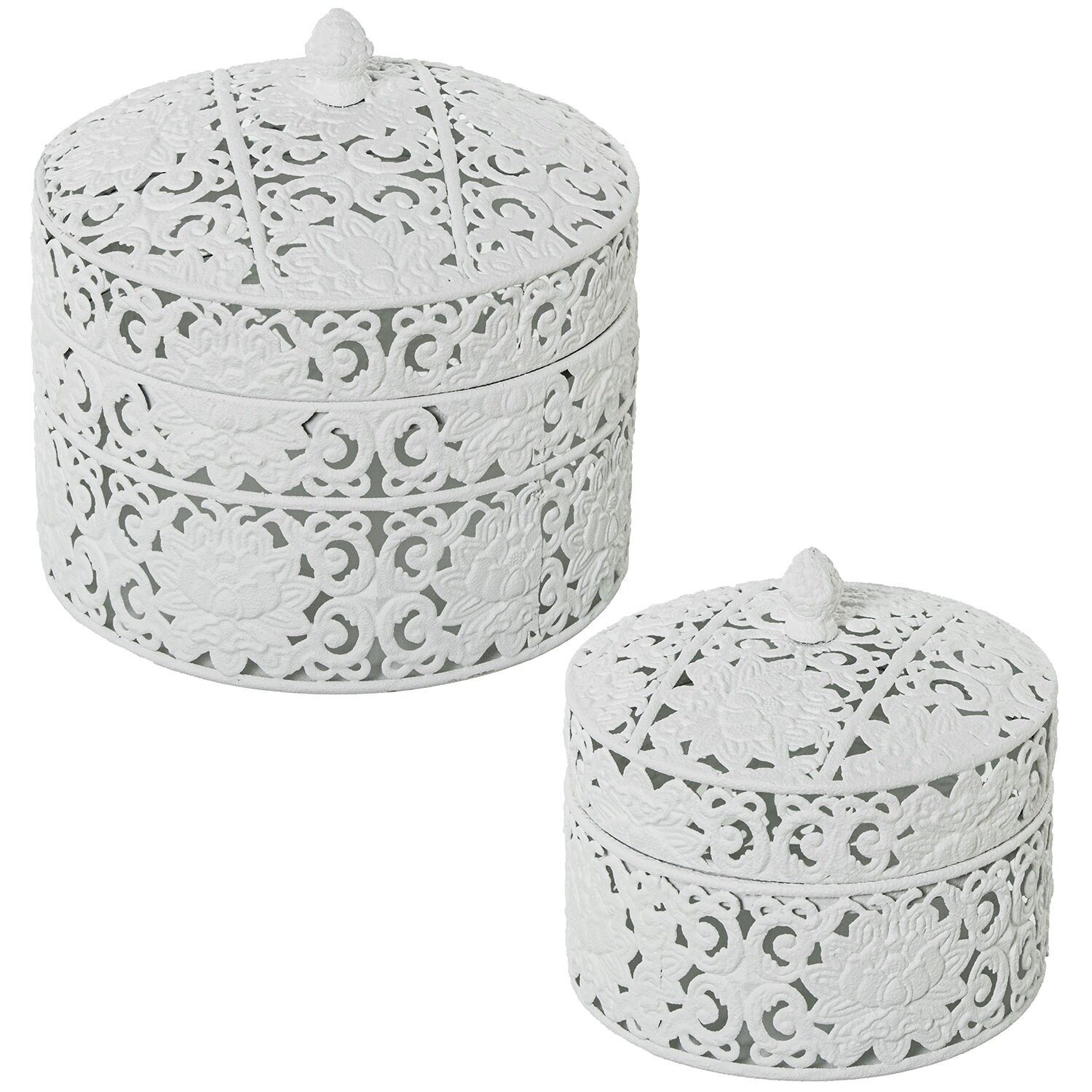 Set of 2 white metal boxes with lids, 21x21x19-17x17x16 cm ST73082