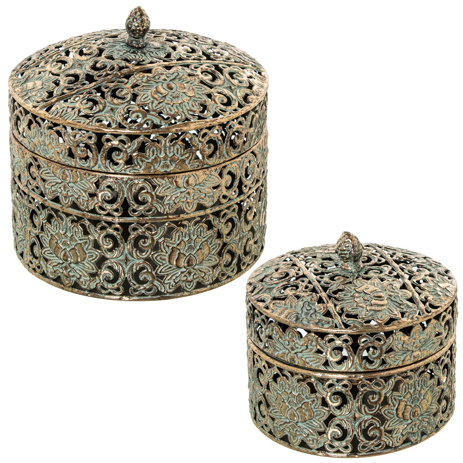 Set of 2 metal boxes with gold lids 20.5x20.5x19-16.5x16.5x15.5cm ST73078