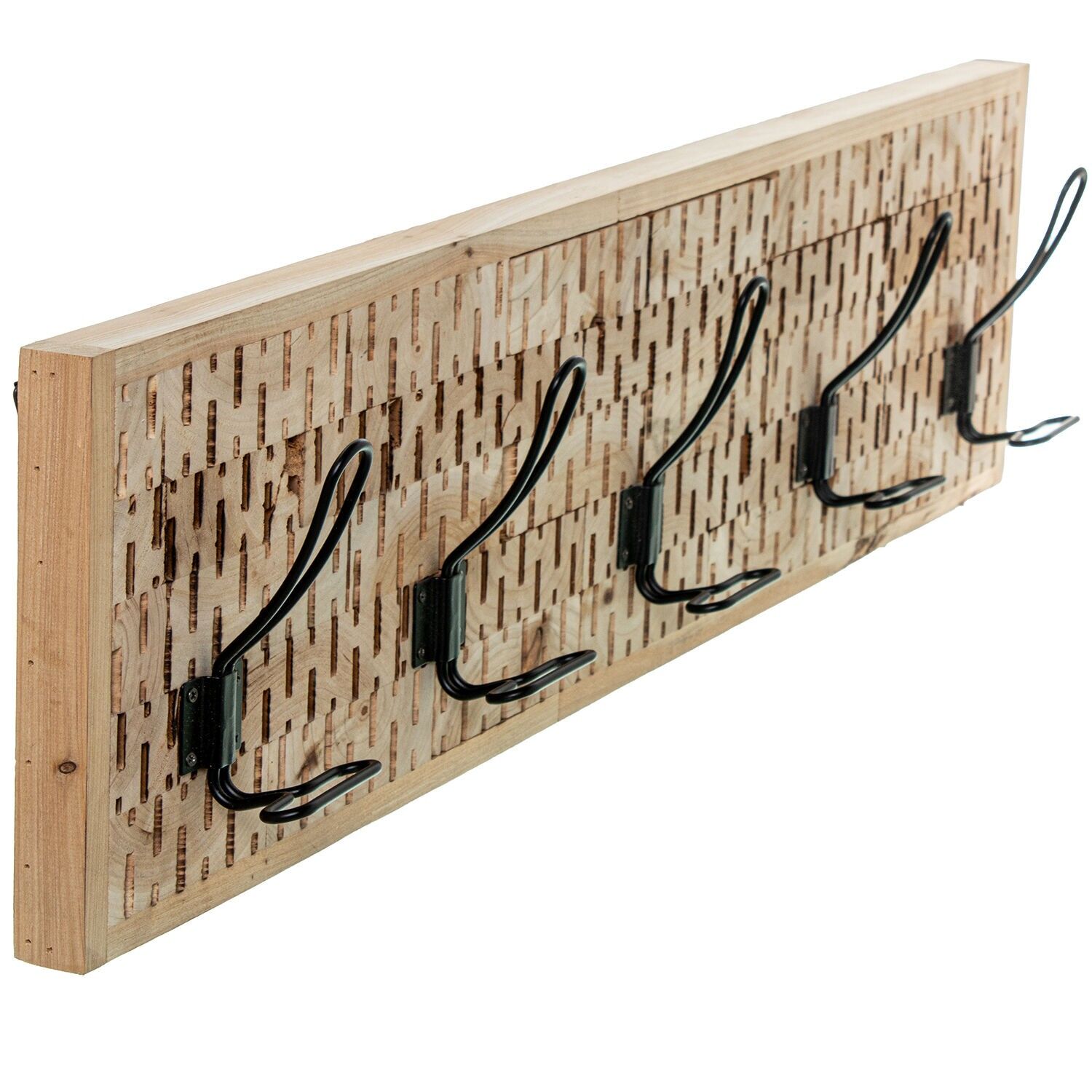 Natural wood wall-mounted coat rack with 5 metal hooks, 80x8x20cm ST73558