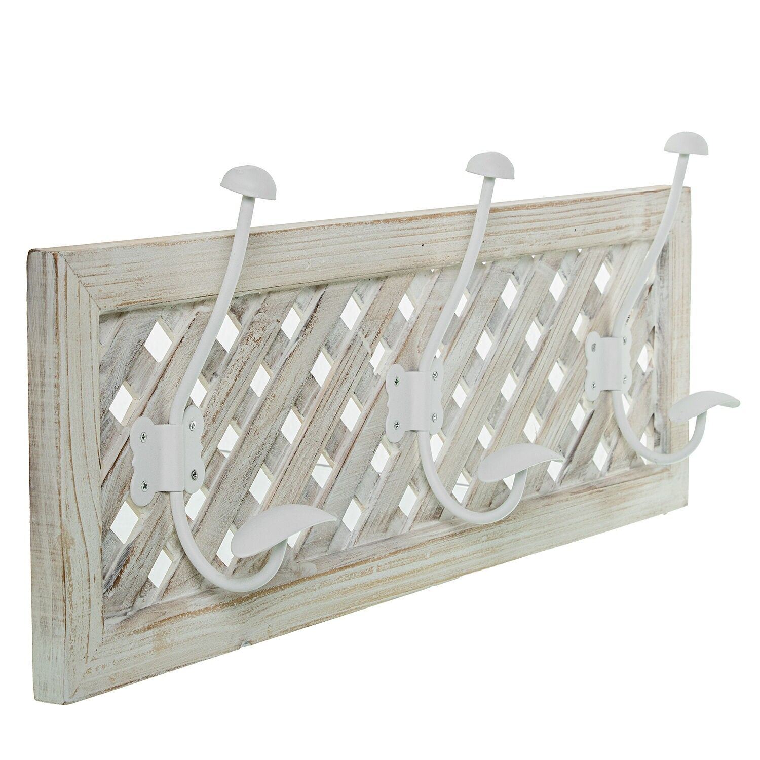 Wooden coat rack with 3 white metal hooks 60x10x24cm ST73561
