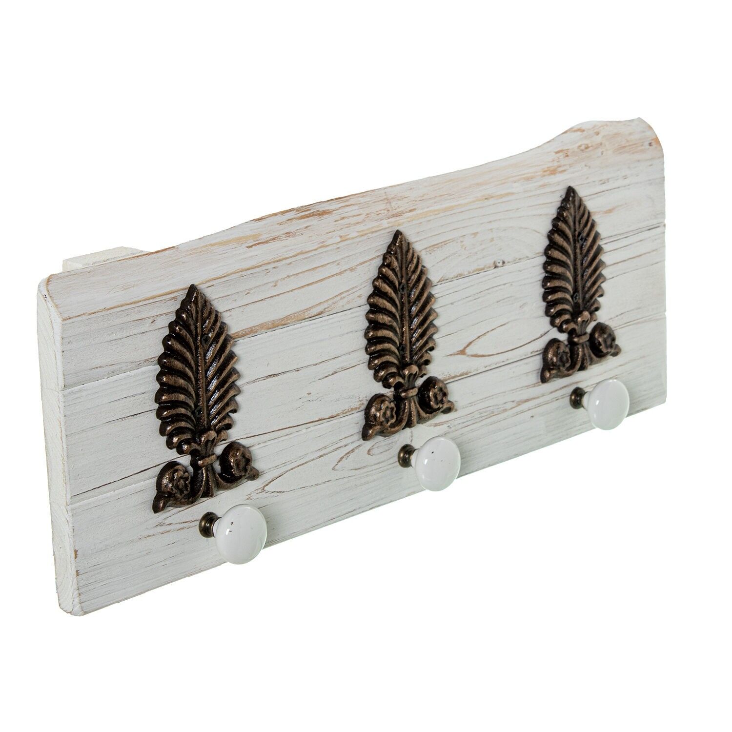 Wooden coat rack with 3 hooks, white ceramic and metal decorations, 48x7x18cm ST73567