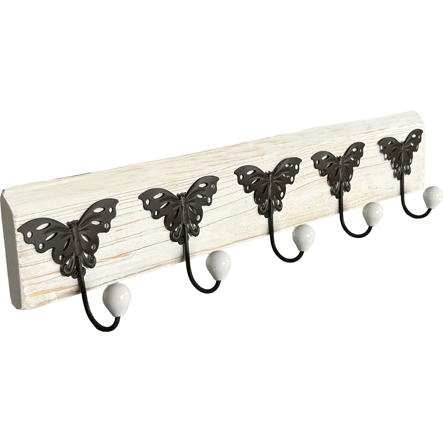Wooden coat rack with 5 metal and white ceramic hooks 76x8x15cm ST73566