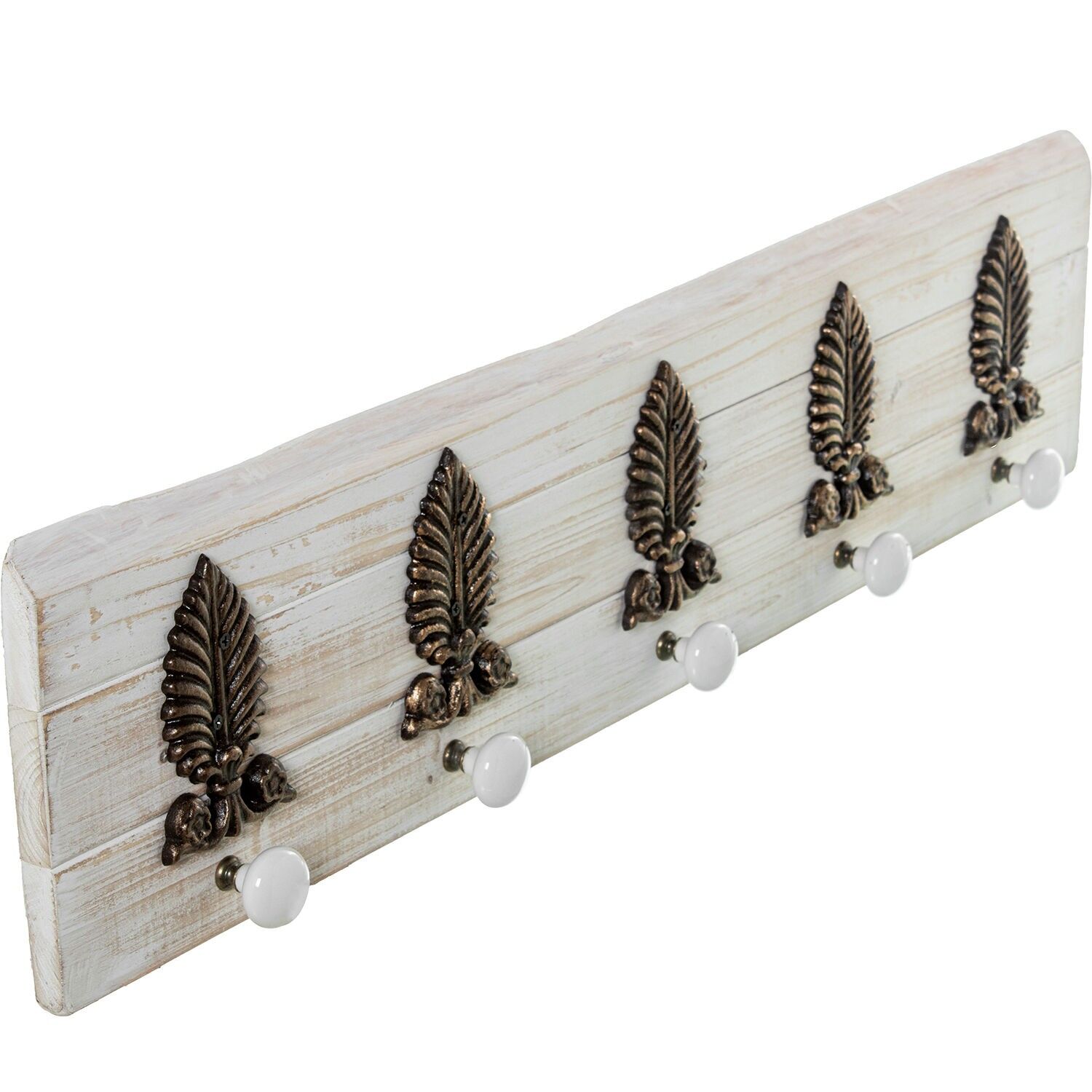 Wooden coat rack with 5 hooks, white ceramic and metal decorations, 76x7x18cm ST73568