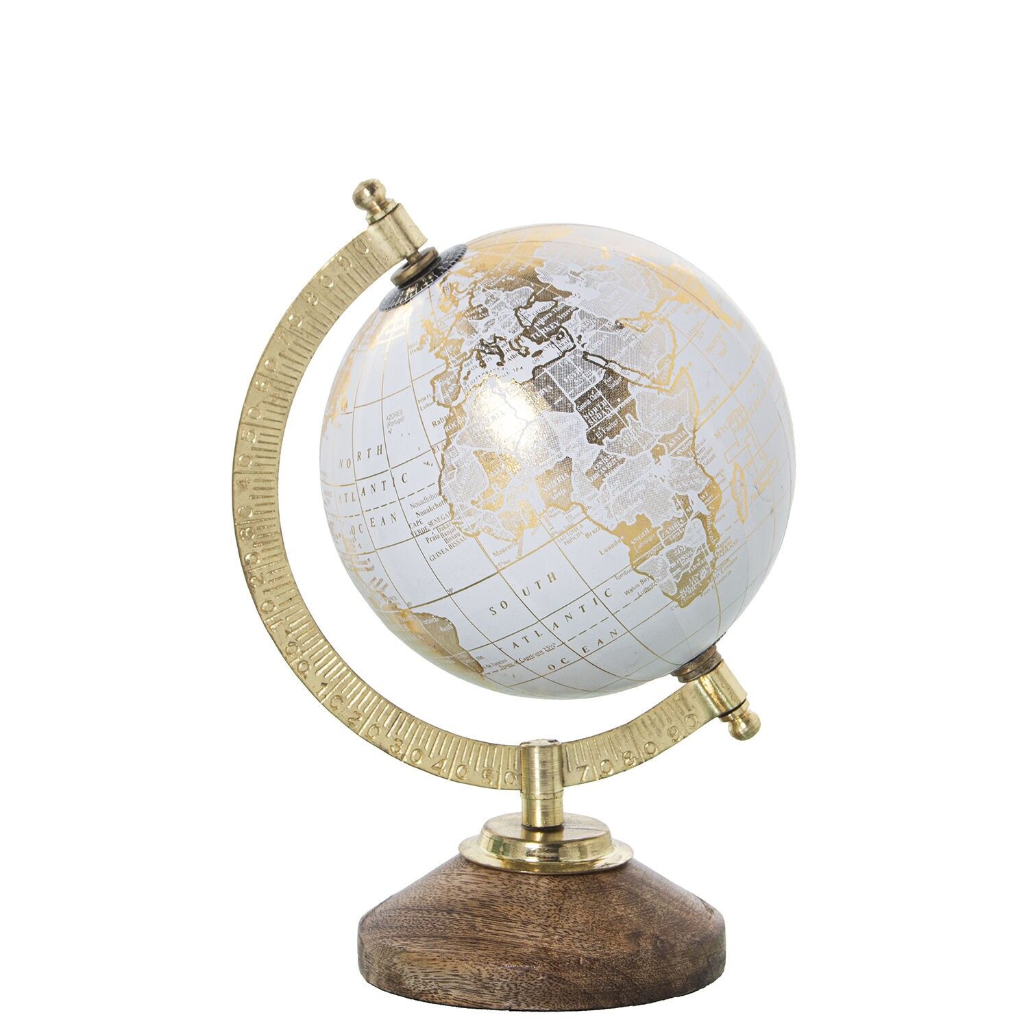 Earth globe ø12, 5cm white, gold metal, wood tabletop 12, 5x22cm base: 10cm ST74233