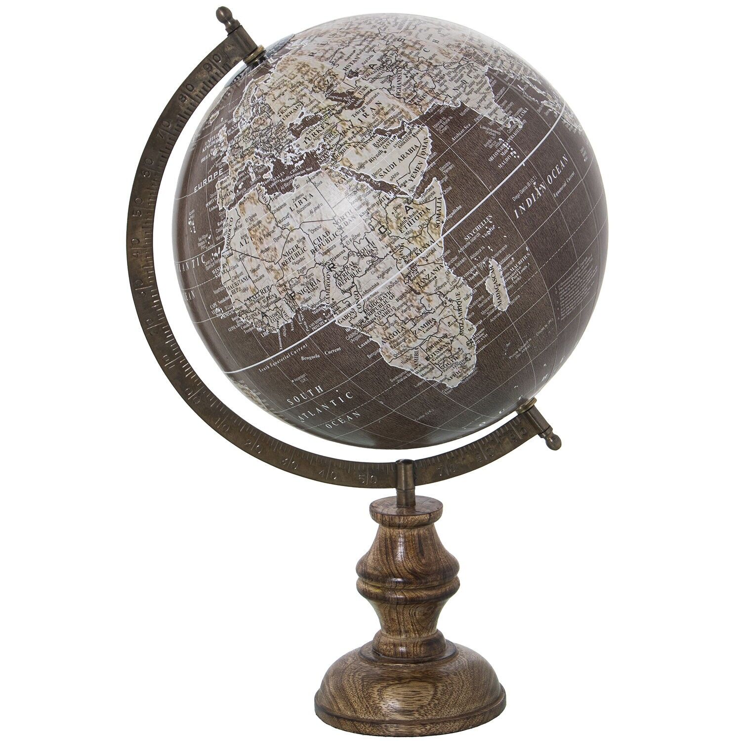 Earth globe ø25cm brown, white metal, wood tabletop 25x43cm base: 11.5cm ST74239