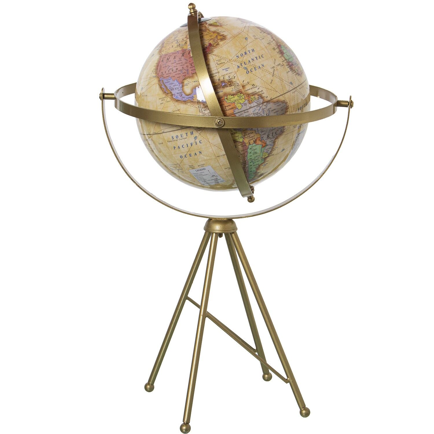 Earth globe ø20cm with brass metal tripod base, crazy rotation 25x47cm ST74243