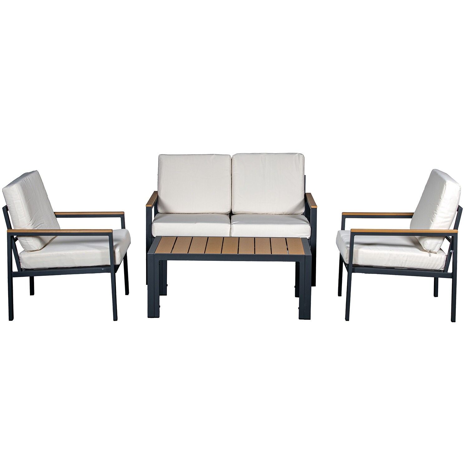 Set of 2-seater sofa and 2 armchairs and table, anthracite aluminum, beige cushions. Sofa: 116x71x68 cm, table: 98x54x39 cm. ST74608
