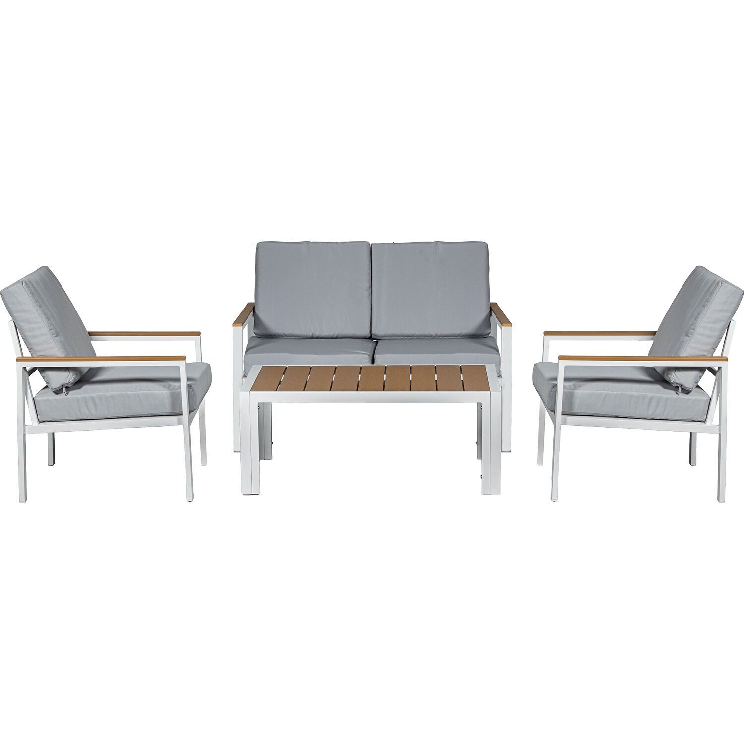 Set of 2-seater sofa and 2 armchairs and table, white aluminum, grey cushions. Sofa: 116x71x68 cm, table: 98x54x39 cm. ST74609