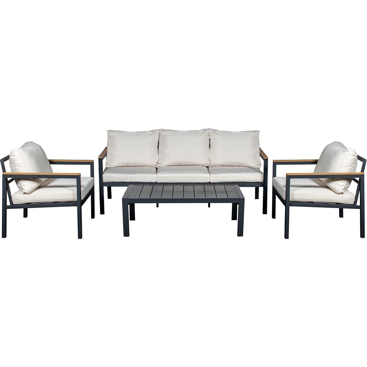 3-seater sofa and 2 armchairs set and table, anthracite aluminum, beige cushions. Sofa: 173x74x70 cm, table: 110x60x35 cm. ST74610