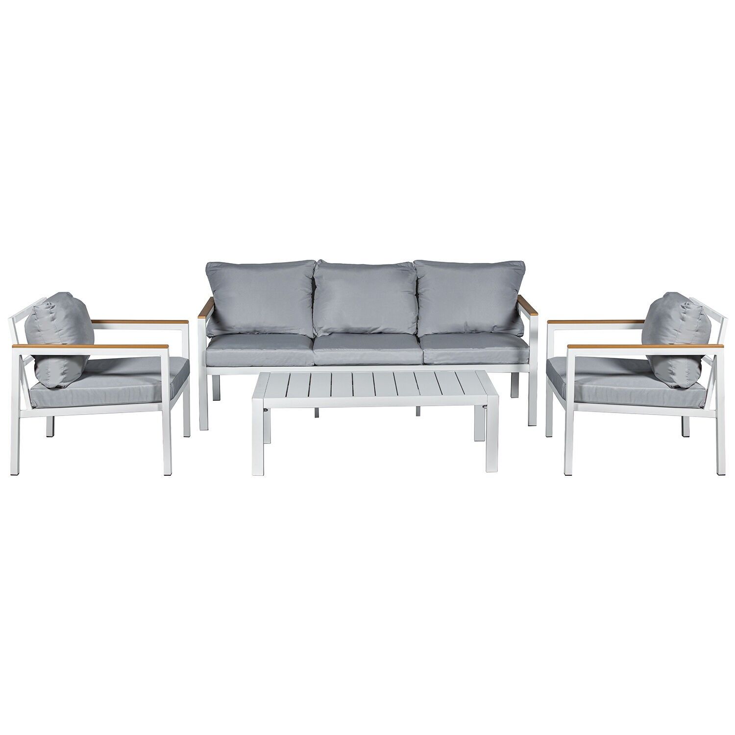 3-seater sofa and 2 armchairs set and table, white aluminum, grey cushions. Sofa: 173x74x70 cm, table: 110x60x35 cm. ST74611