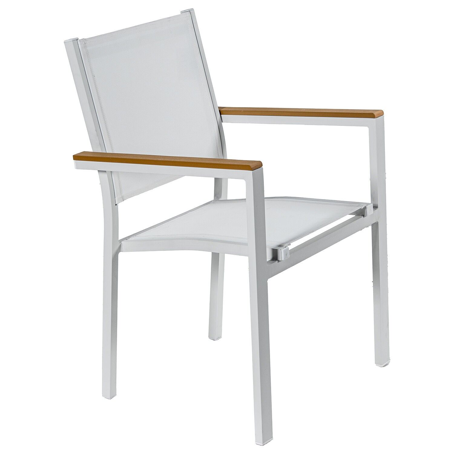 Aluminum chair, white textilene with wooden plastic armrests 55x60x86cm, stackable chair ST74614