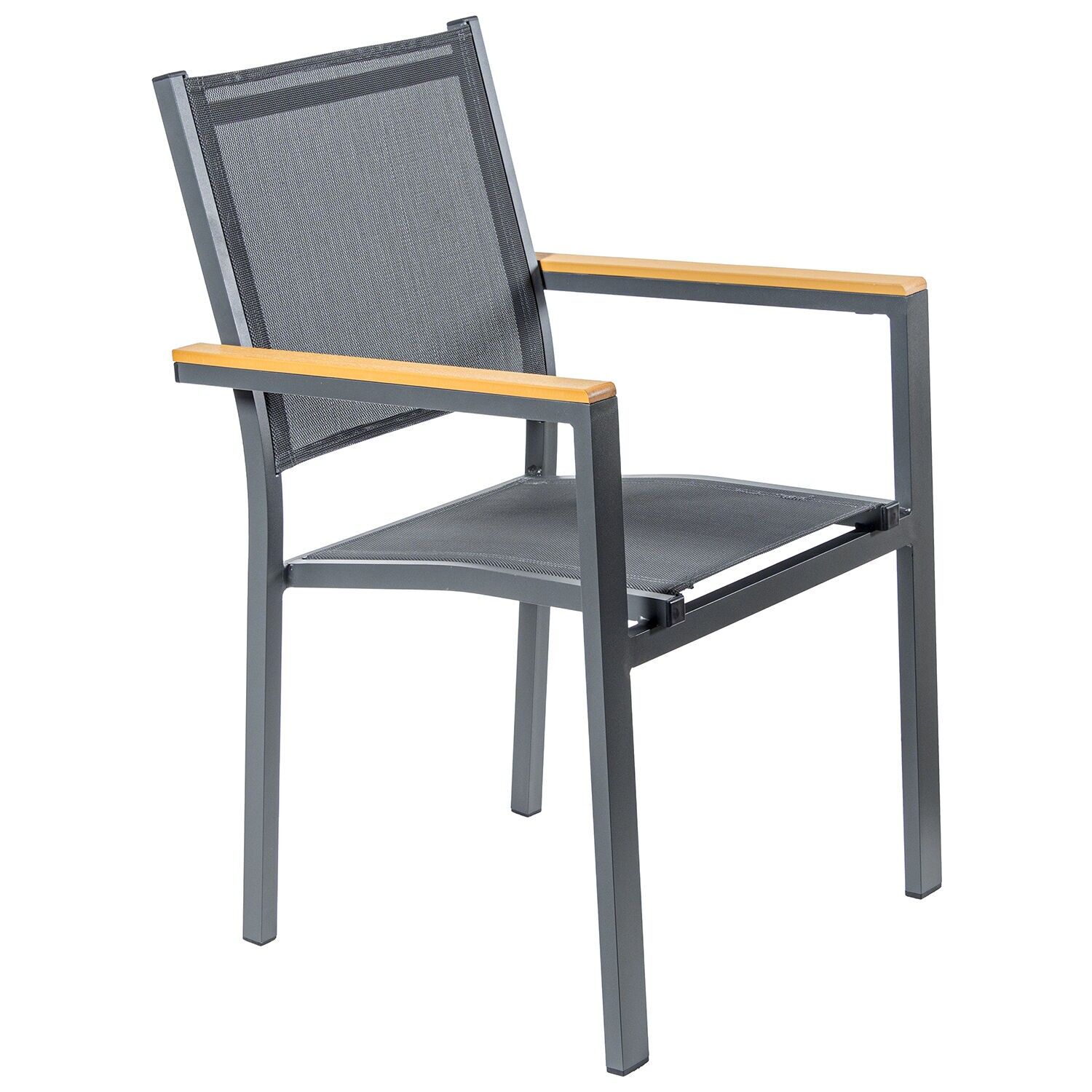 Aluminum chair, anthracite textilene, wooden and plastic armrests, 55x60x86cm, stackable chair ST74615