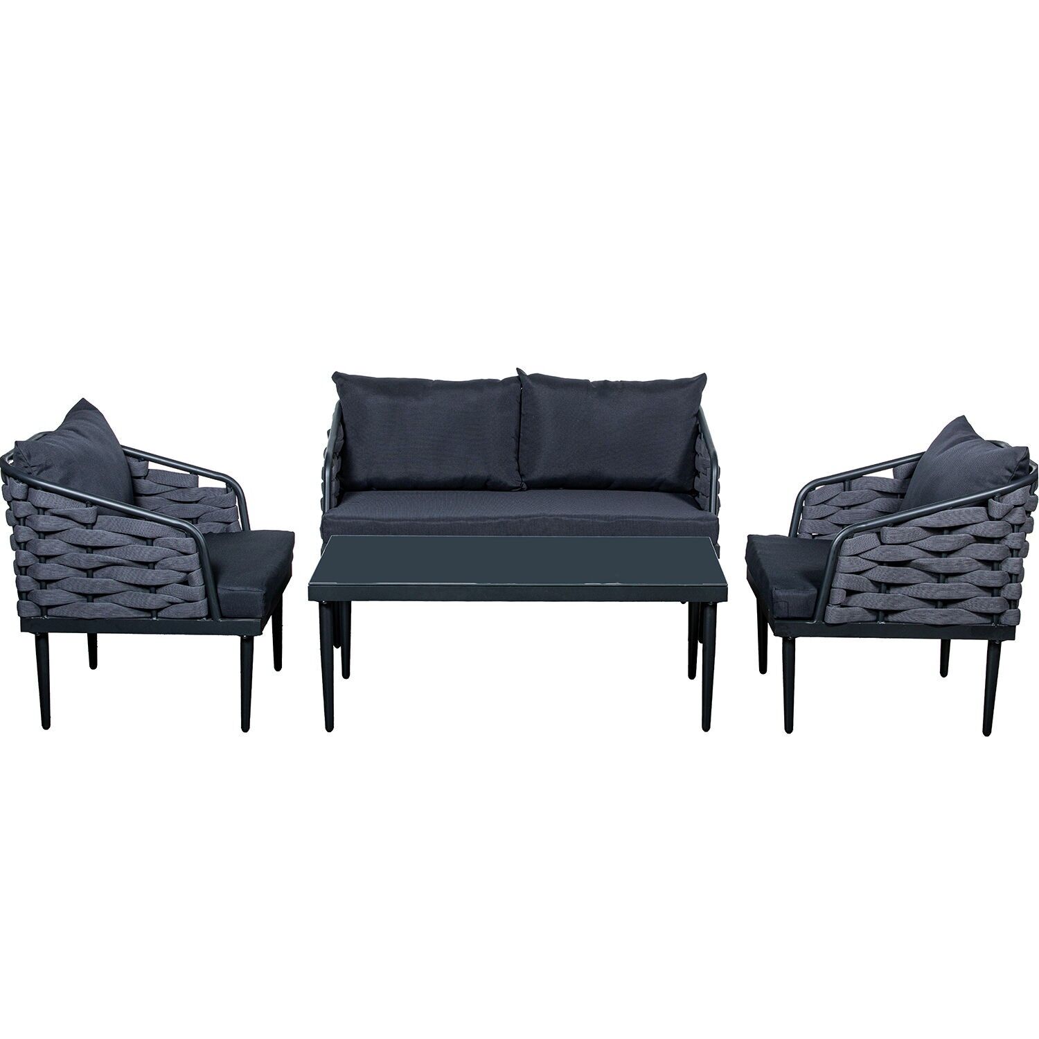 2-seater sofa, 2 armchairs and table set (aluminum, glass, polyester) Sofa: 123x69x72 Chair: 69x69x72 ST74613