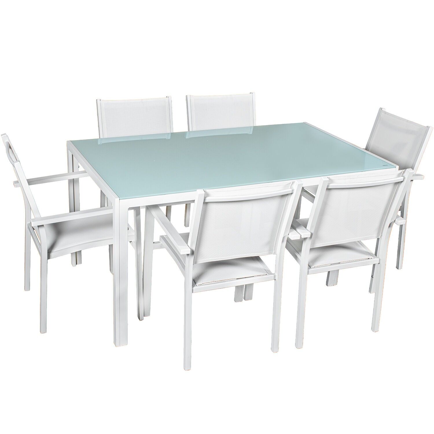 Dining table and 6 chairs set, aluminum, white textilene and 91984 table: 150x90x74 chair: 56x62x88 ST74623