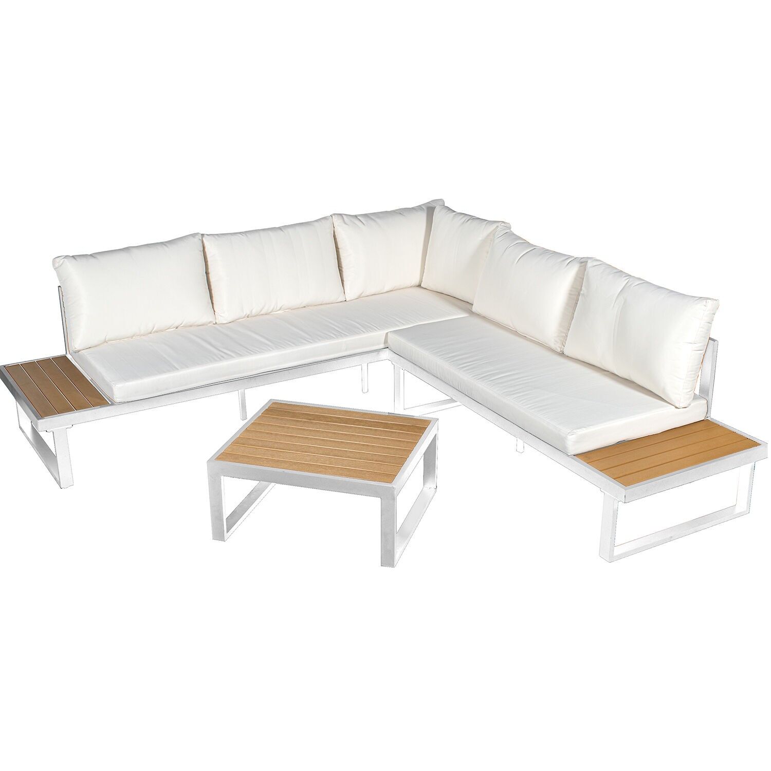 Corner sofa and table set, aluminum and white, PS slats, sofa┴ 3-p:227x69x63cm ST74635