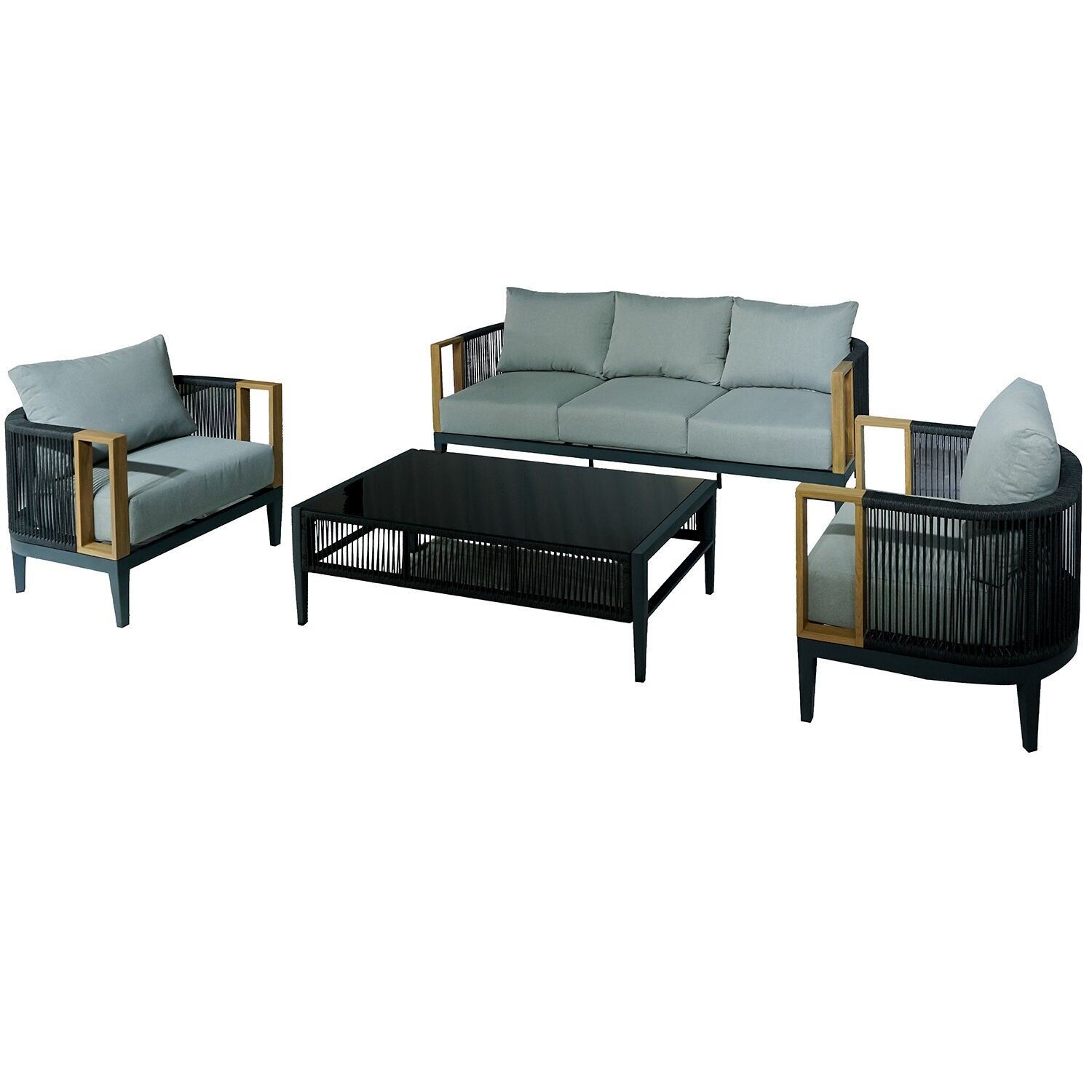 3-seater sofa set, 2 armchairs and coffee table, polyester, aluminum, 74x74x66, 198x74x66, 128x60x41 ST74640
