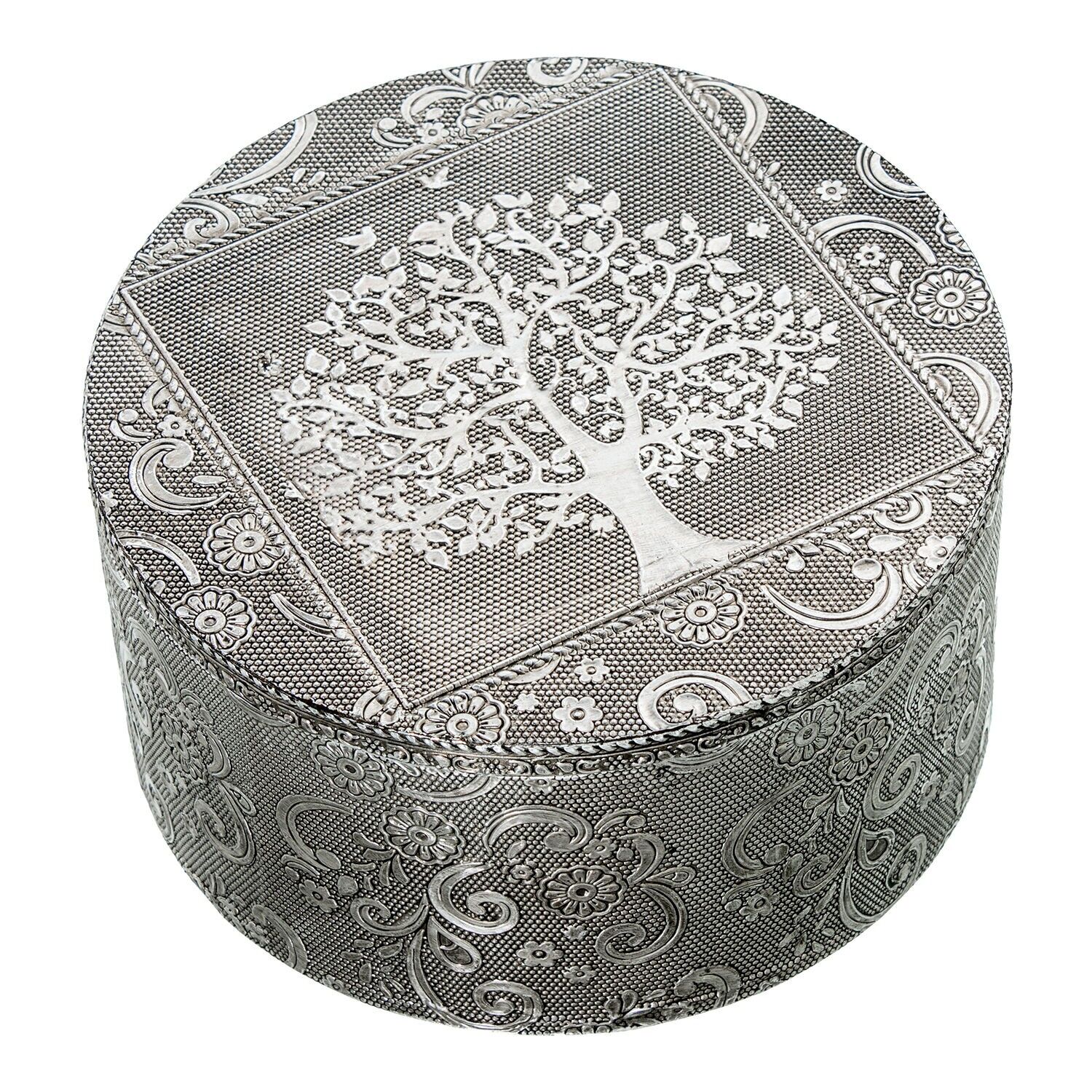 Portagioie rotondo in metallo argentato con decorazione a forma di albero della vita, 12x7 cm ST75991