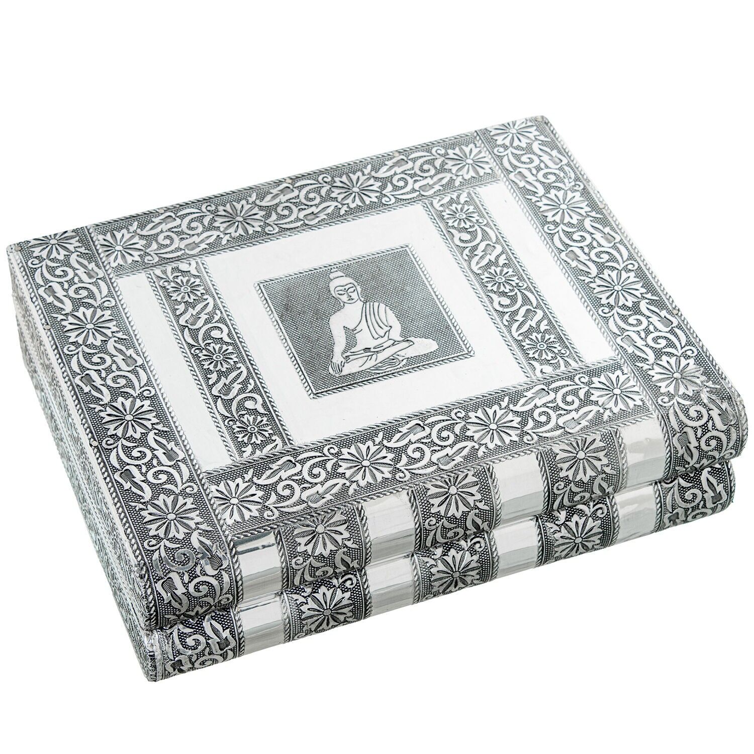 Portagioie in metallo argentato con specchio e decorazione Buddha, 27x21x7cm ST75985