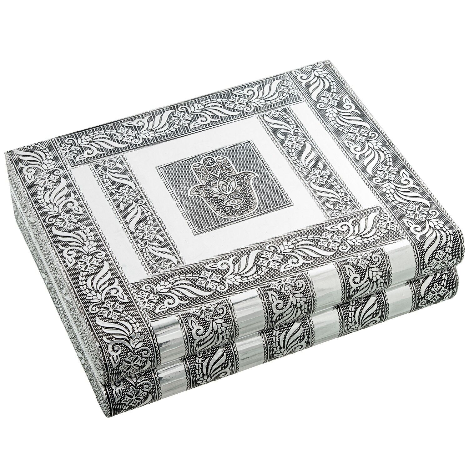 Portagioie in metallo argentato con specchio e decorazione a mano, 27x21x7cm ST75986