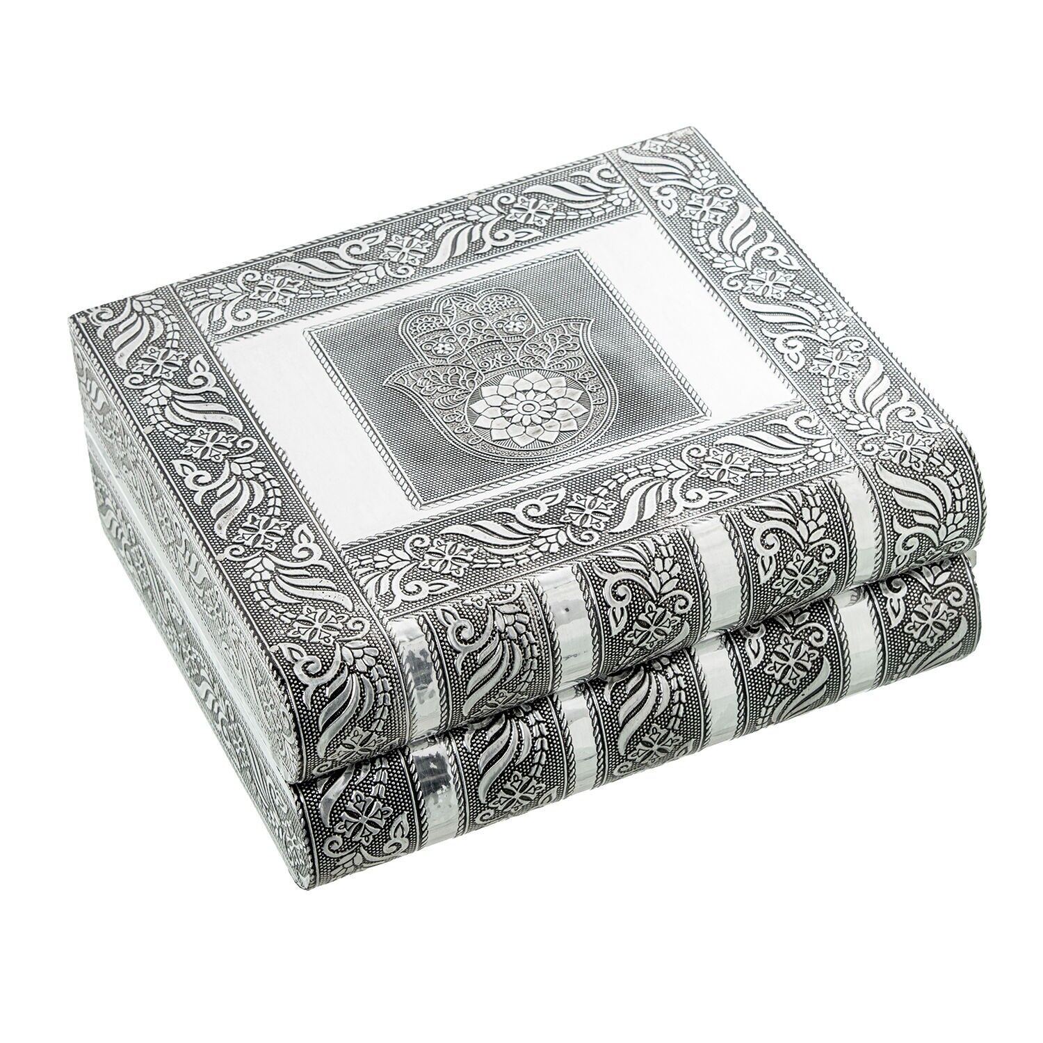 Portagioie in metallo argentato con specchio e decorazione a mano, 23x19x9cm ST75989