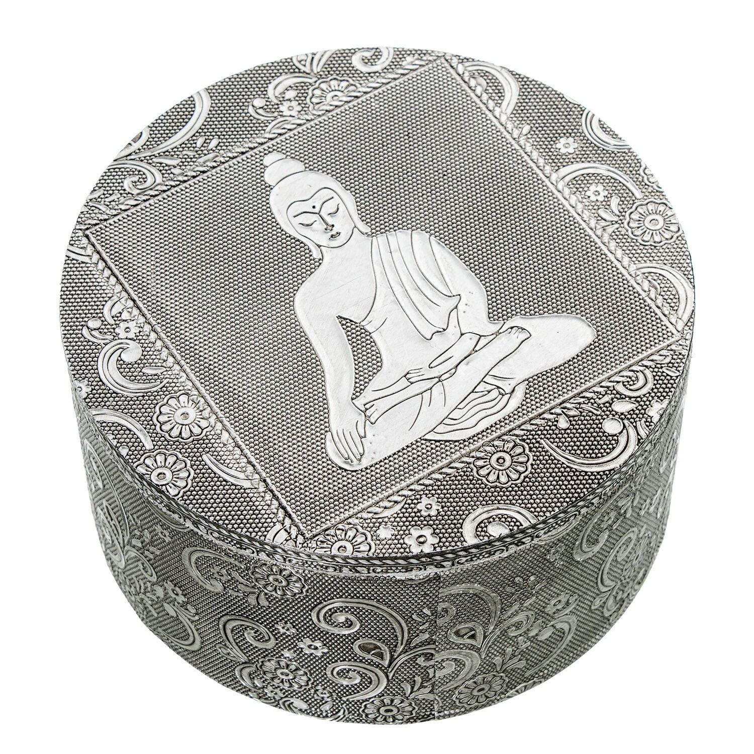 Portagioie rotondo in metallo argentato con decorazione Buddha, 12x7cm ST75994